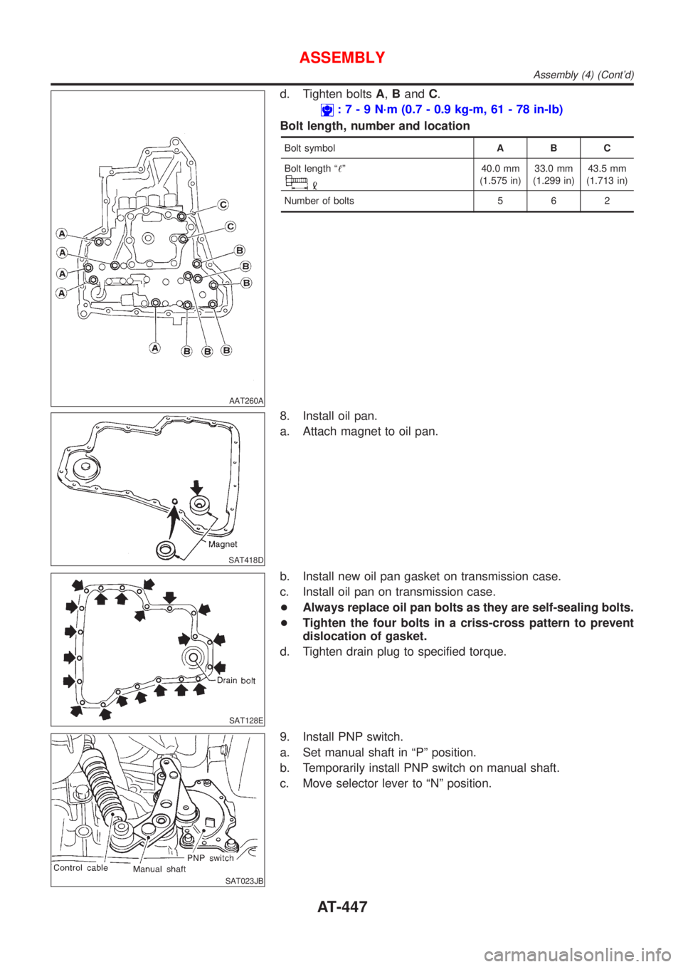 NISSAN ALMERA N16 2001  Electronic Repair Manual AAT260A
d. Tighten boltsA,BandC.
:7-9N´m(0.7 - 0.9 kg-m, 61 - 78 in-lb)
Bolt length, number and location
Bolt symbolABC
Bolt length ª!º
40.0 mm
(1.575 in)33.0 mm
(1.299 in)43.5 mm
(1.713 in)
Number