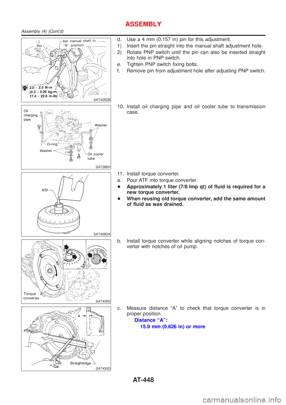 NISSAN ALMERA N16 2001  Electronic Repair Manual SAT426DB
d. Usea4mm(0.157 in) pin for this adjustment.
1) Insert the pin straight into the manual shaft adjustment hole.
2) Rotate PNP switch until the pin can also be inserted straight
into hole in P