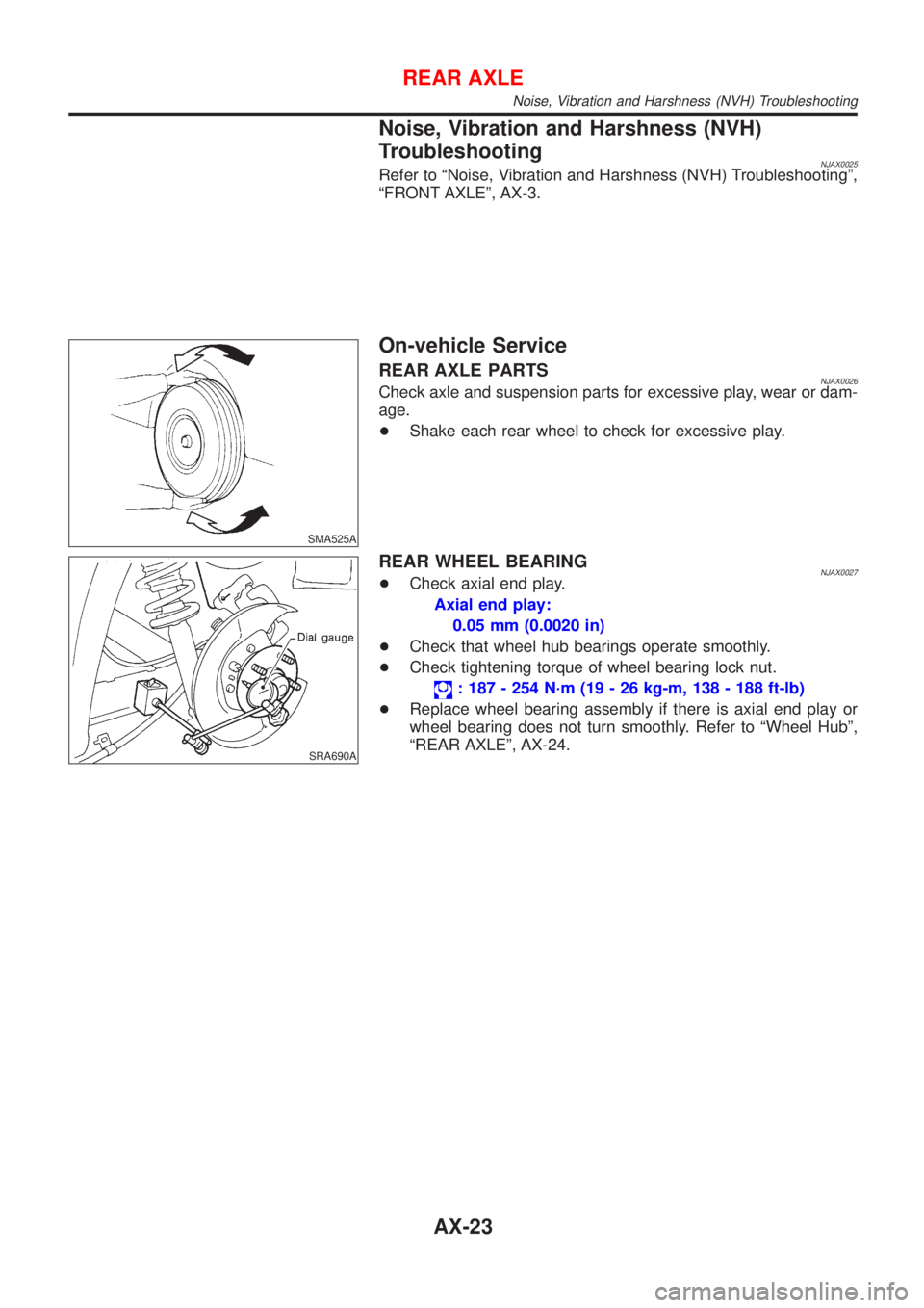 NISSAN ALMERA N16 2001  Electronic Repair Manual Noise, Vibration and Harshness (NVH)
Troubleshooting
NJAX0025Refer to ªNoise, Vibration and Harshness (NVH) Troubleshootingº,
ªFRONT AXLEº, AX-3.
SMA525A
On-vehicle Service
REAR AXLE PARTSNJAX0026