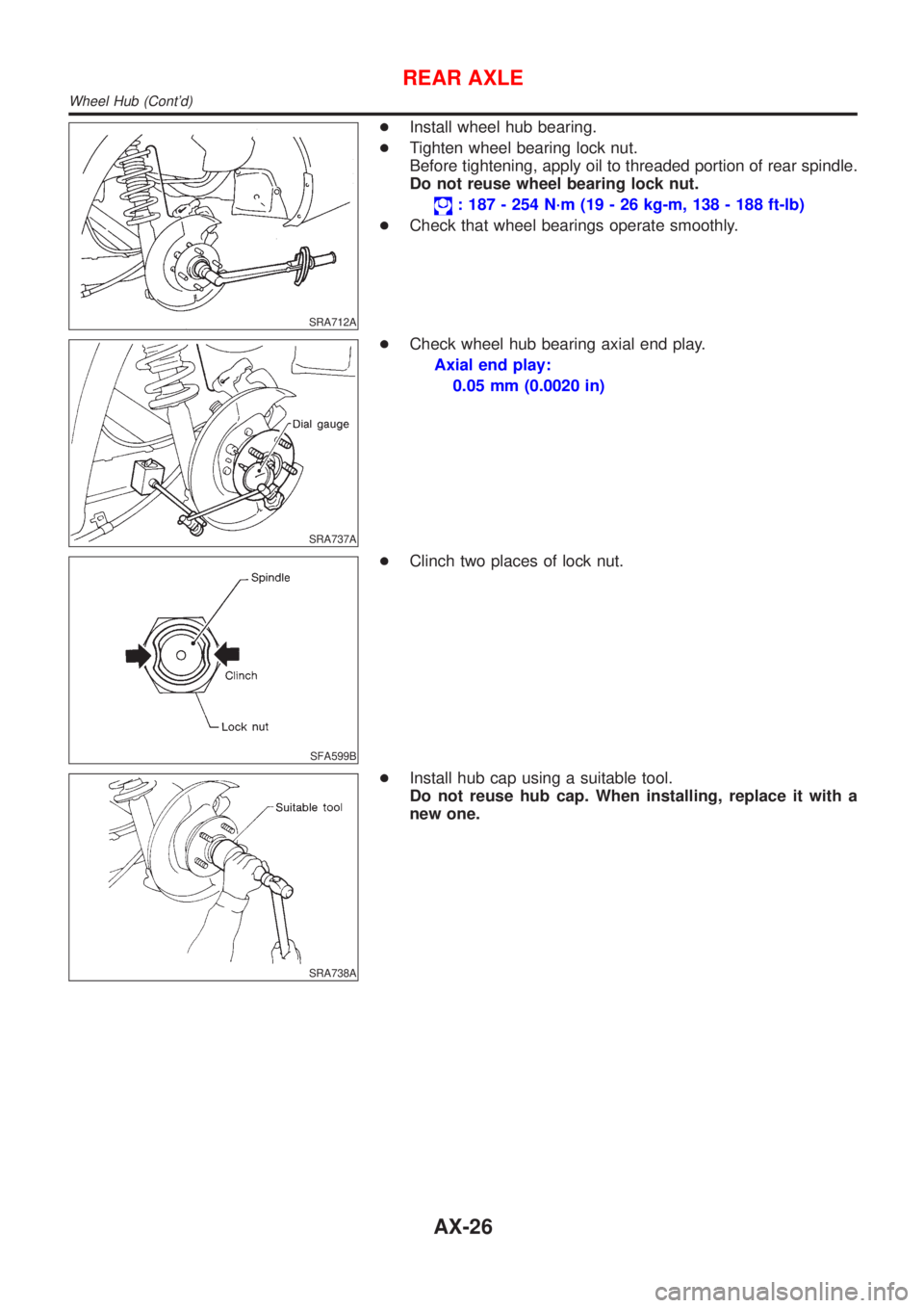 NISSAN ALMERA N16 2001  Electronic Repair Manual SRA712A
+Install wheel hub bearing.
+Tighten wheel bearing lock nut.
Before tightening, apply oil to threaded portion of rear spindle.
Do not reuse wheel bearing lock nut.
: 187 - 254 N´m (19 - 26 kg