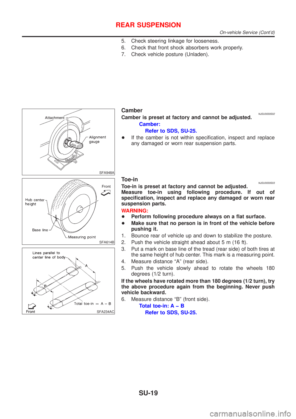 NISSAN ALMERA N16 2001  Electronic Repair Manual 5. Check steering linkage for looseness.
6. Check that front shock absorbers work properly.
7. Check vehicle posture (Unladen).
SFA948A
CamberNJSU0030S02Camber is preset at factory and cannot be adjus