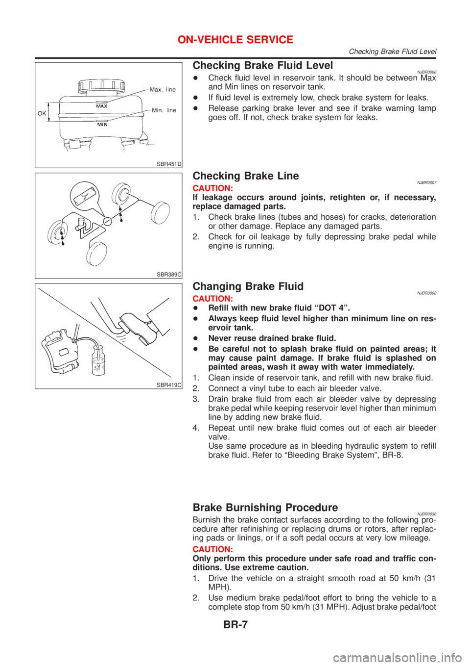 NISSAN ALMERA N16 2001  Electronic Repair Manual SBR451D
Checking Brake Fluid LevelNJBR0006+Check fluid level in reservoir tank. It should be between Max
and Min lines on reservoir tank.
+If fluid level is extremely low, check brake system for leaks