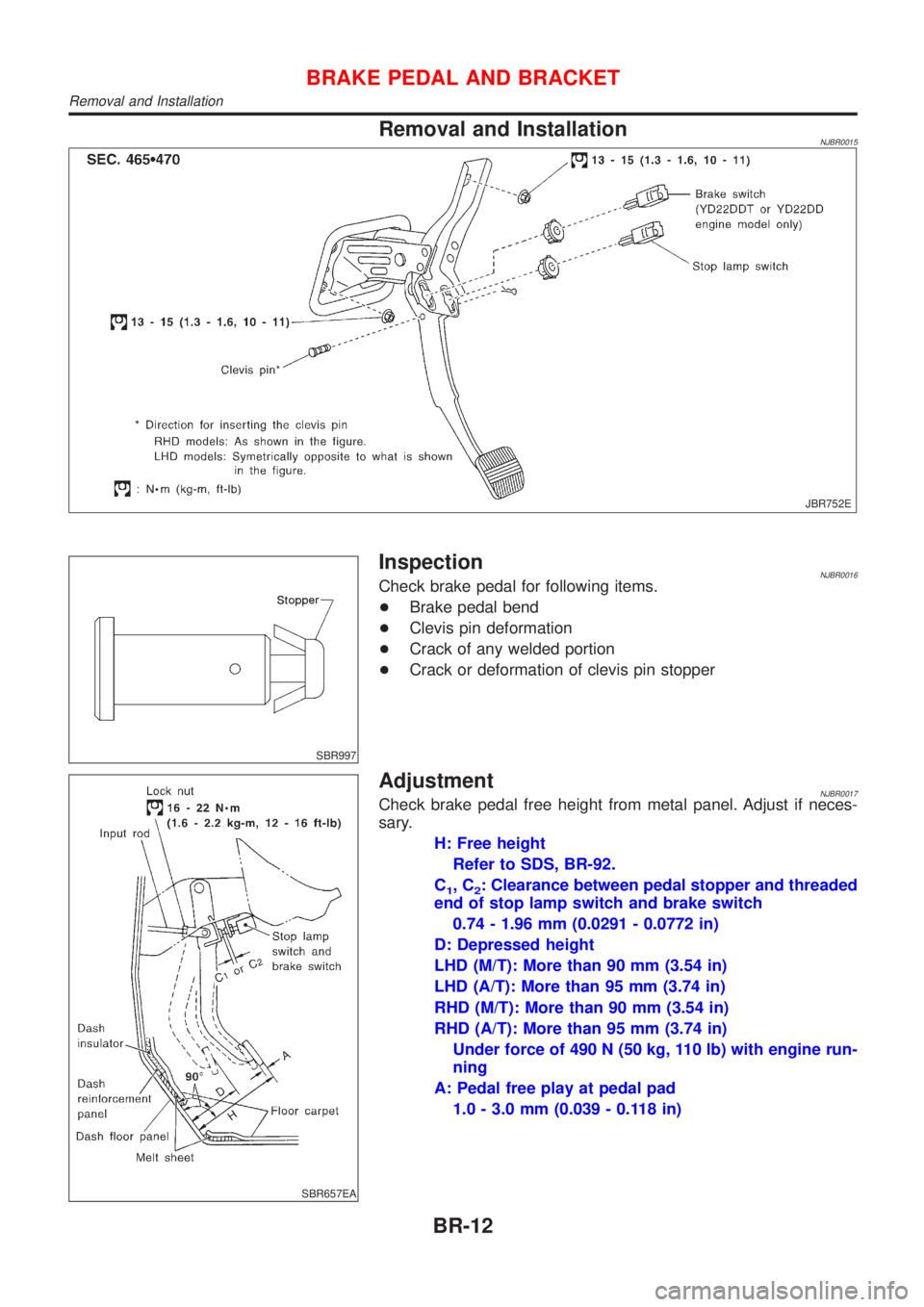 NISSAN ALMERA N16 2001  Electronic Repair Manual Removal and InstallationNJBR0015
JBR752E
SBR997
InspectionNJBR0016Check brake pedal for following items.
+Brake pedal bend
+Clevis pin deformation
+Crack of any welded portion
+Crack or deformation of