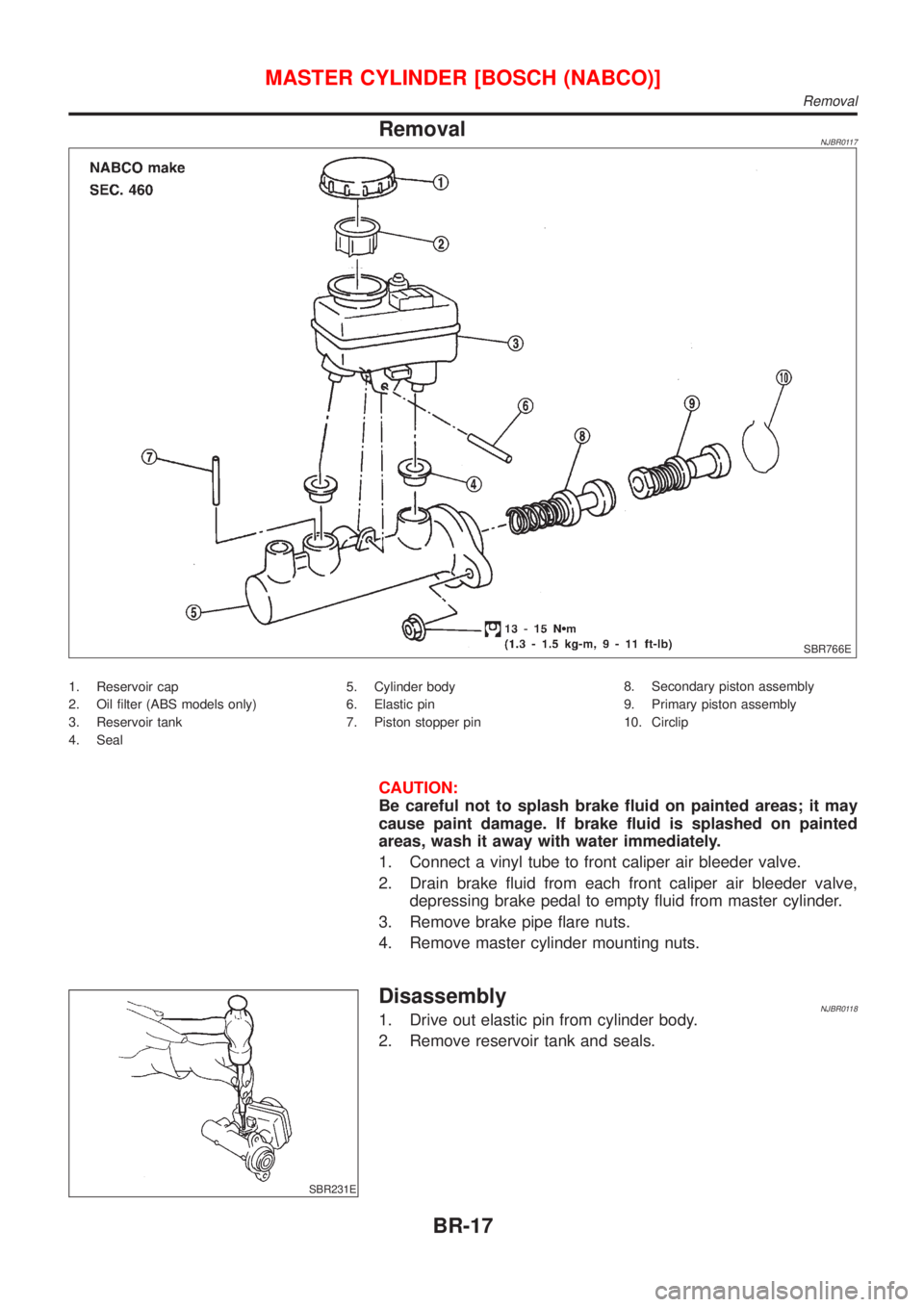 NISSAN ALMERA N16 2001  Electronic Repair Manual RemovalNJBR0117
SBR766E
1. Reservoir cap
2. Oil filter (ABS models only)
3. Reservoir tank
4. Seal5. Cylinder body
6. Elastic pin
7. Piston stopper pin8. Secondary piston assembly
9. Primary piston as
