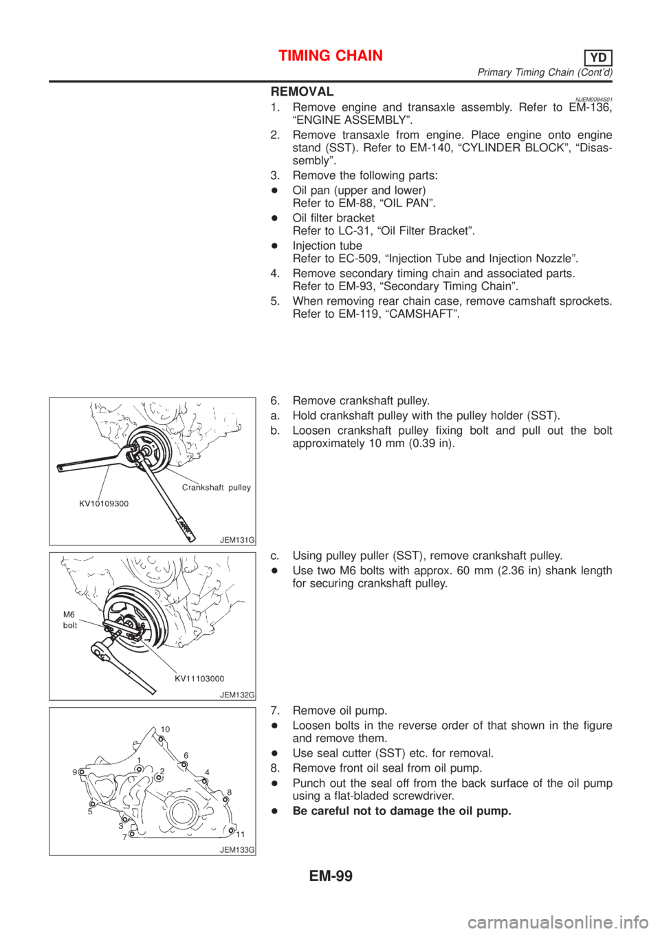 NISSAN ALMERA N16 2001 Electronic Repair Manual REMOVALNJEM0094S011. Remove engine and transaxle assembly. Refer to EM-136,
ªENGINE ASSEMBLYº.
2. Remove transaxle from engine. Place engine onto engine
stand (SST). Refer to EM-140, ªCYLINDER BLOC NISSAN ALMERA N16 2001 Electronic Repair Manual REMOVALNJEM0094S011. Remove engine and transaxle assembly. Refer to EM-136,
ªENGINE ASSEMBLYº.
2. Remove transaxle from engine. Place engine onto engine
stand (SST). Refer to EM-140, ªCYLINDER BLOC