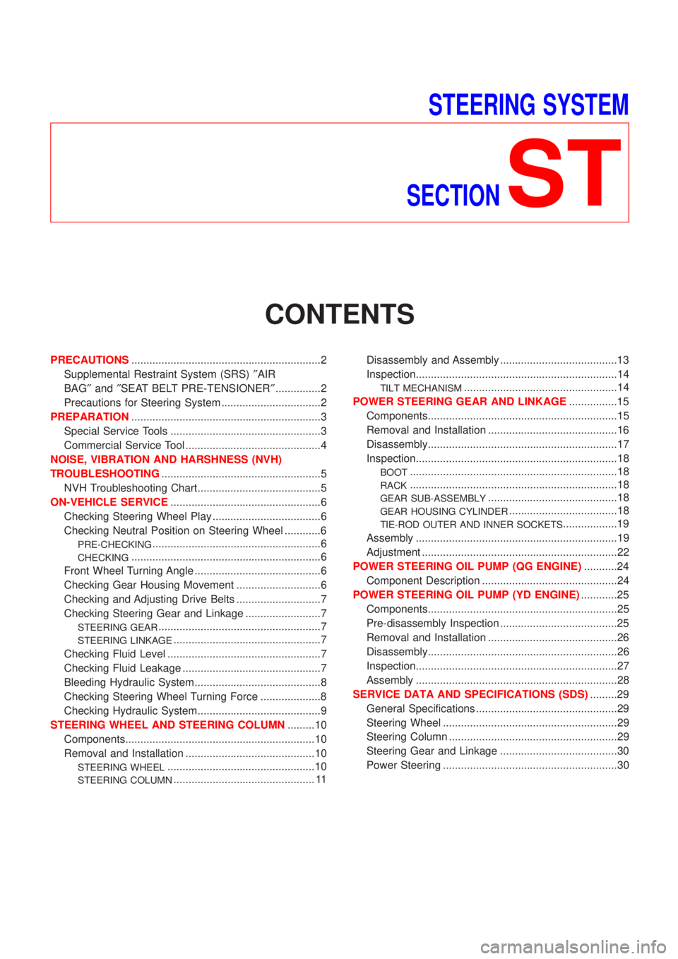 NISSAN ALMERA N16 2001  Electronic Repair Manual STEERING SYSTEM
SECTION
ST
CONTENTS
PRECAUTIONS...............................................................2
Supplemental Restraint System (SRS)²AIR
BAG²and²SEAT BELT PRE-TENSIONER²............ NISSAN ALMERA N16 2001  Electronic Repair Manual STEERING SYSTEM
SECTION
ST
CONTENTS
PRECAUTIONS...............................................................2
Supplemental Restraint System (SRS)²AIR
BAG²and²SEAT BELT PRE-TENSIONER²............