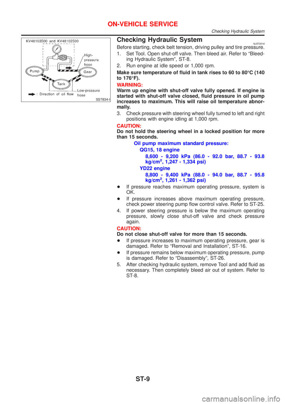 NISSAN ALMERA N16 2001 Electronic Repair Manual SST834-I
Checking Hydraulic SystemNJST0016Before starting, check belt tension, driving pulley and tire pressure.
1. Set Tool. Open shut-off valve. Then bleed air. Refer to ªBleed-
ing Hydraulic Syste NISSAN ALMERA N16 2001 Electronic Repair Manual SST834-I
Checking Hydraulic SystemNJST0016Before starting, check belt tension, driving pulley and tire pressure.
1. Set Tool. Open shut-off valve. Then bleed air. Refer to ªBleed-
ing Hydraulic Syste