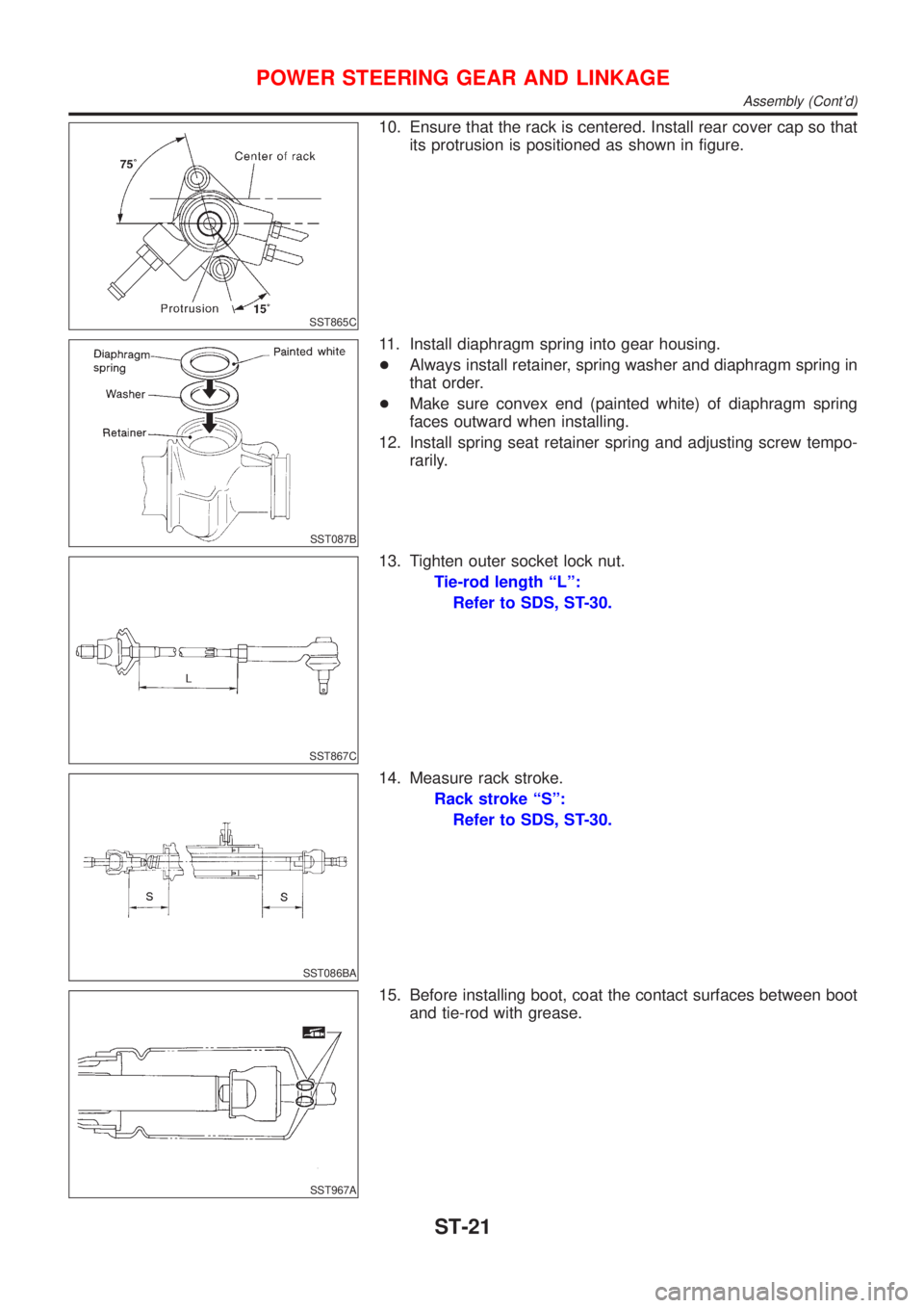 NISSAN ALMERA N16 2001  Electronic Repair Manual SST865C
10. Ensure that the rack is centered. Install rear cover cap so that
its protrusion is positioned as shown in figure.
SST087B
11. Install diaphragm spring into gear housing.
+Always install re