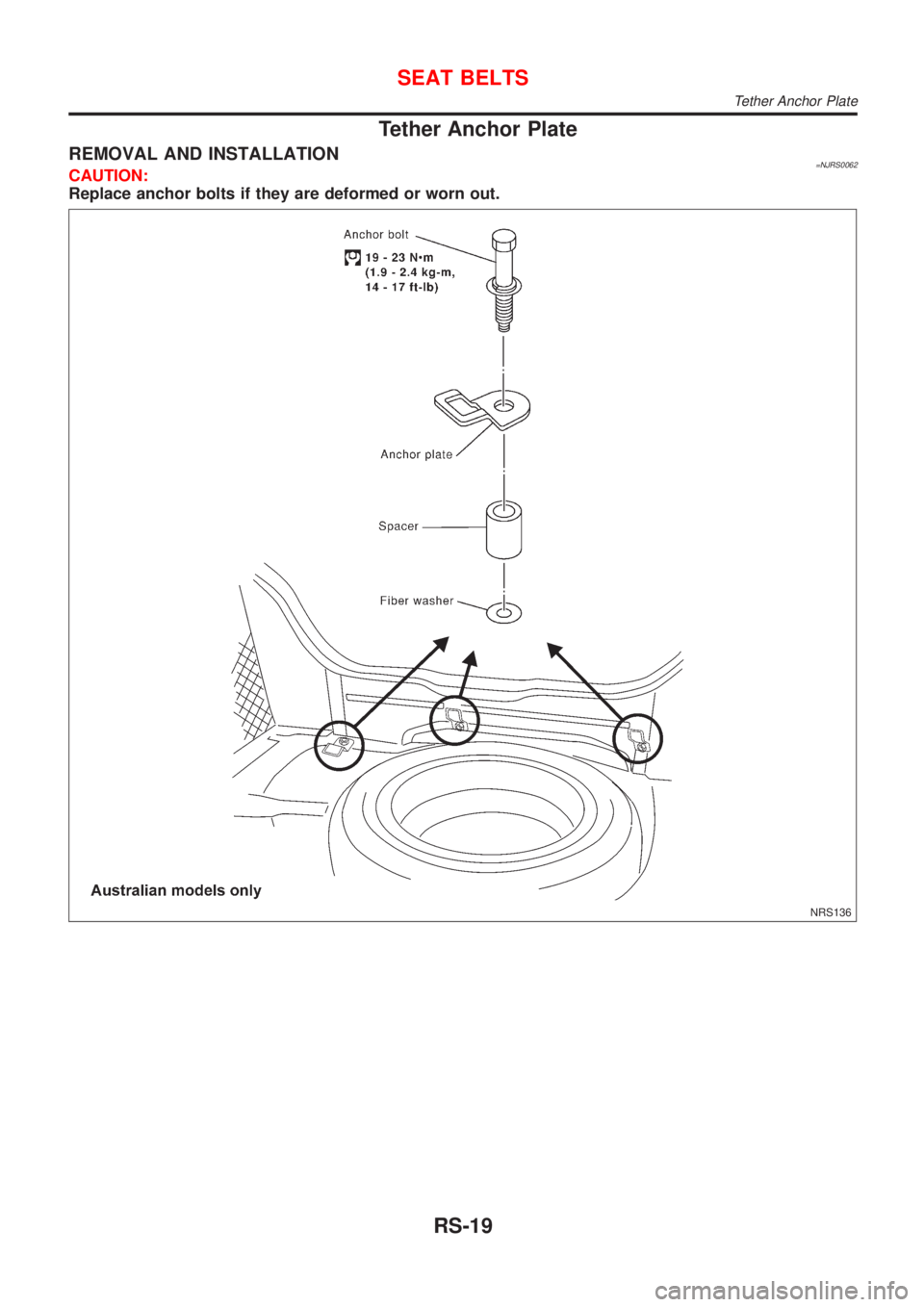 NISSAN ALMERA N16 2001  Electronic Repair Manual Tether Anchor Plate
REMOVAL AND INSTALLATION=NJRS0062CAUTION:
Replace anchor bolts if they are deformed or worn out.
NRS136
SEAT BELTS
Tether Anchor Plate
RS-19 