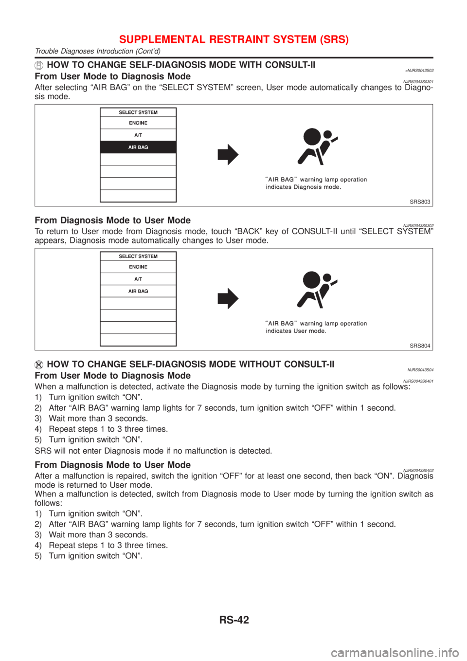 NISSAN ALMERA N16 2001 Electronic Repair Manual HOW TO CHANGE SELF-DIAGNOSIS MODE WITH CONSULT-II=NJRS0043S03From User Mode to Diagnosis ModeNJRS0043S0301After selecting ªAIR BAGº on the ªSELECT SYSTEMº screen, User mode automatically changes t NISSAN ALMERA N16 2001 Electronic Repair Manual HOW TO CHANGE SELF-DIAGNOSIS MODE WITH CONSULT-II=NJRS0043S03From User Mode to Diagnosis ModeNJRS0043S0301After selecting ªAIR BAGº on the ªSELECT SYSTEMº screen, User mode automatically changes t