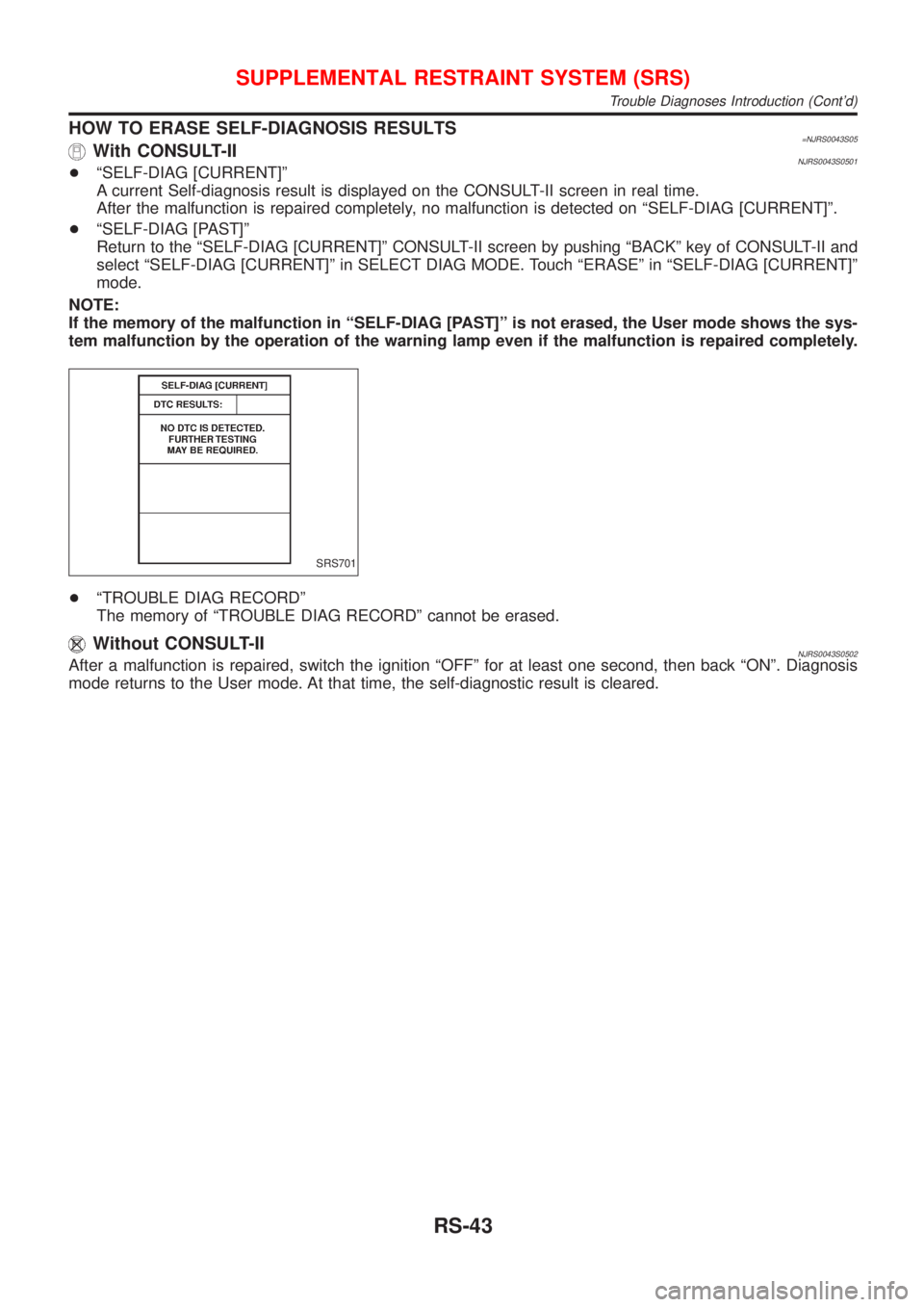 NISSAN ALMERA N16 2001  Electronic Repair Manual HOW TO ERASE SELF-DIAGNOSIS RESULTS=NJRS0043S05With CONSULT-IINJRS0043S0501+ªSELF-DIAG [CURRENT]º
A current Self-diagnosis result is displayed on the CONSULT-II screen in real time.
After the malfun