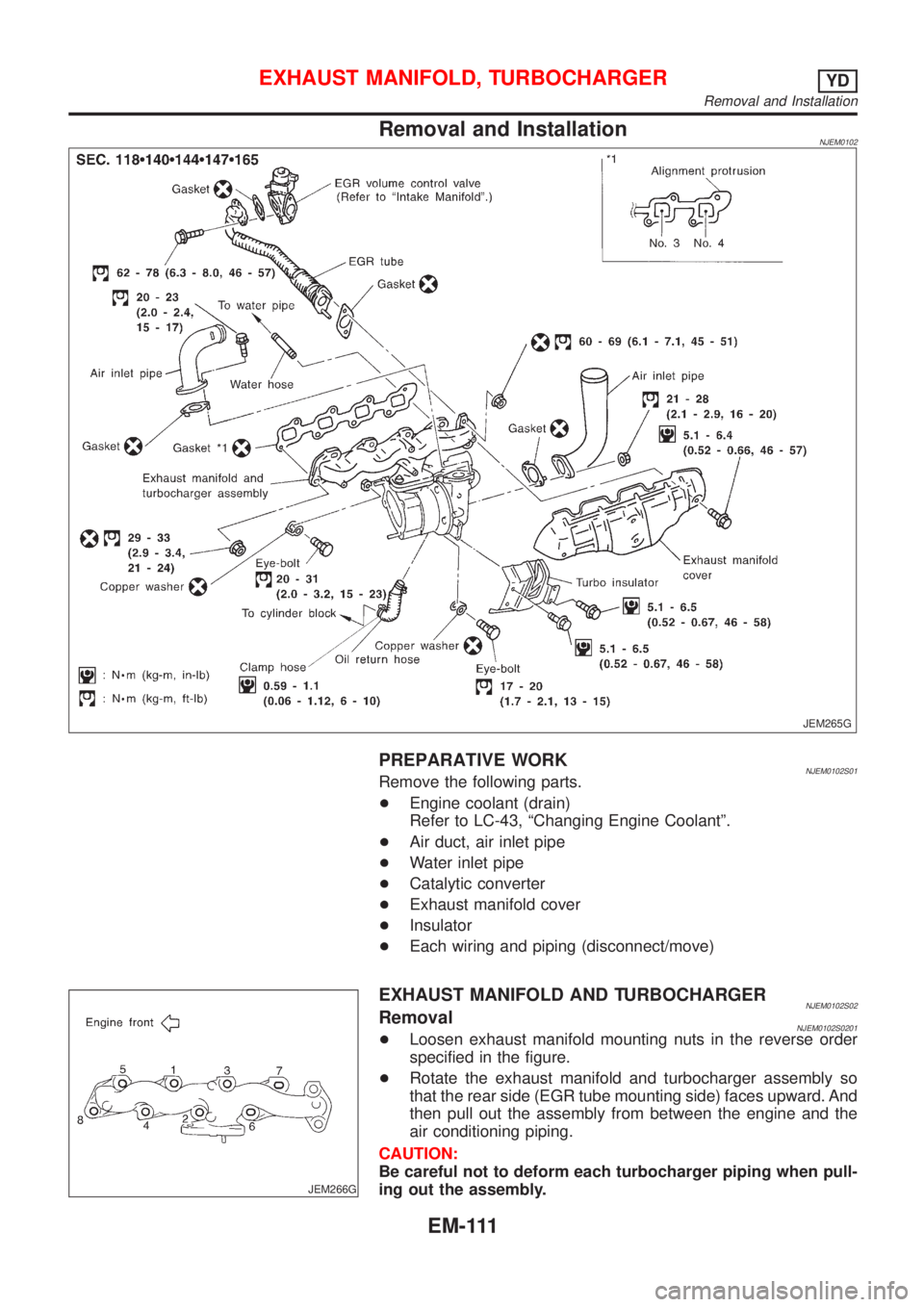 NISSAN ALMERA N16 2001 Electronic Repair Manual Removal and InstallationNJEM0102
JEM265G
PREPARATIVE WORKNJEM0102S01Remove the following parts.
+Engine coolant (drain)
Refer to LC-43, ªChanging Engine Coolantº.
+Air duct, air inlet pipe
+Water in NISSAN ALMERA N16 2001 Electronic Repair Manual Removal and InstallationNJEM0102
JEM265G
PREPARATIVE WORKNJEM0102S01Remove the following parts.
+Engine coolant (drain)
Refer to LC-43, ªChanging Engine Coolantº.
+Air duct, air inlet pipe
+Water in