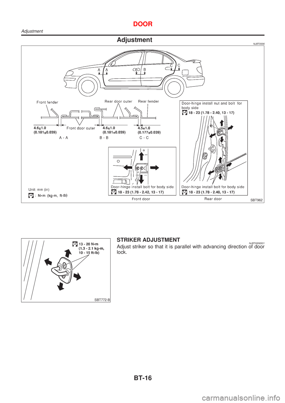 NISSAN ALMERA N16 2001  Electronic Repair Manual AdjustmentNJBT0006
SBT962
SBT772-B
STRIKER ADJUSTMENTNJBT0006S01Adjust striker so that it is parallel with advancing direction of door
lock.
DOOR
Adjustment
BT-16 