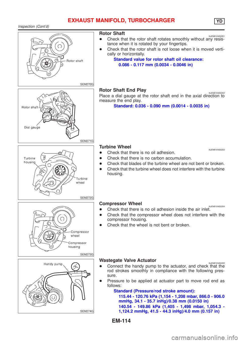 NISSAN ALMERA N16 2001 Electronic Repair Manual SEM270G
Rotor ShaftNJEM0104S0201+Check that the rotor shaft rotates smoothly without any resis-
tance when it is rotated by your fingertips.
+Check that the rotor shaft is not loose when it is moved v NISSAN ALMERA N16 2001 Electronic Repair Manual SEM270G
Rotor ShaftNJEM0104S0201+Check that the rotor shaft rotates smoothly without any resis-
tance when it is rotated by your fingertips.
+Check that the rotor shaft is not loose when it is moved v