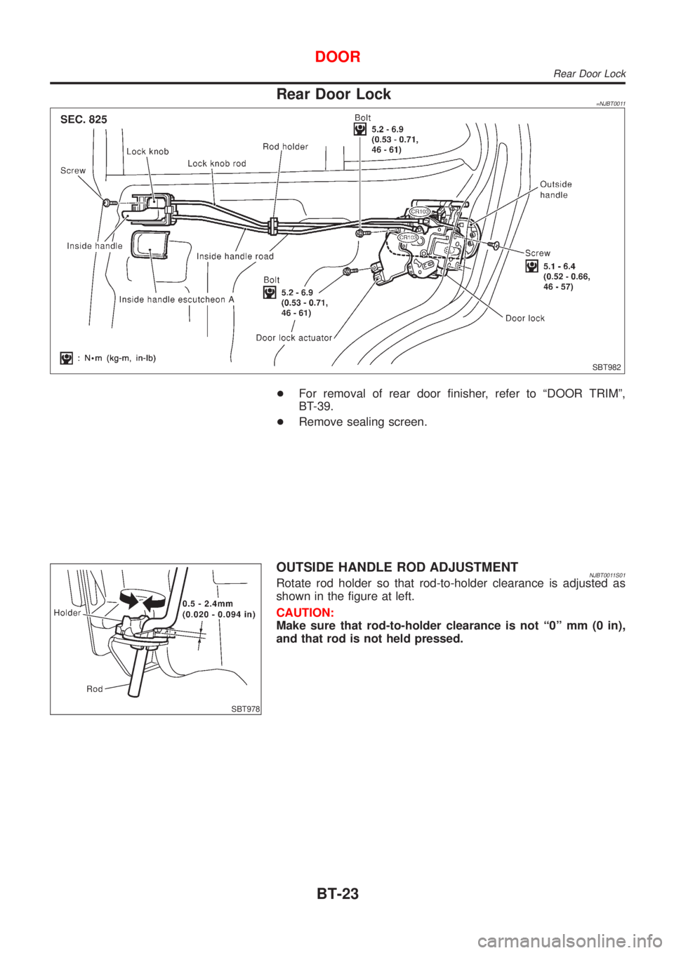 NISSAN ALMERA N16 2001  Electronic Repair Manual Rear Door Lock=NJBT0011
SBT982
+For removal of rear door finisher, refer to ªDOOR TRIMº,
BT-39.
+Remove sealing screen.
SBT978
OUTSIDE HANDLE ROD ADJUSTMENTNJBT0011S01Rotate rod holder so that rod-t