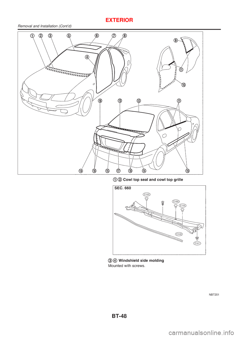 NISSAN ALMERA N16 2001  Electronic Repair Manual NBT201
EXTERIOR
Removal and Installation (Contd)
BT-48 