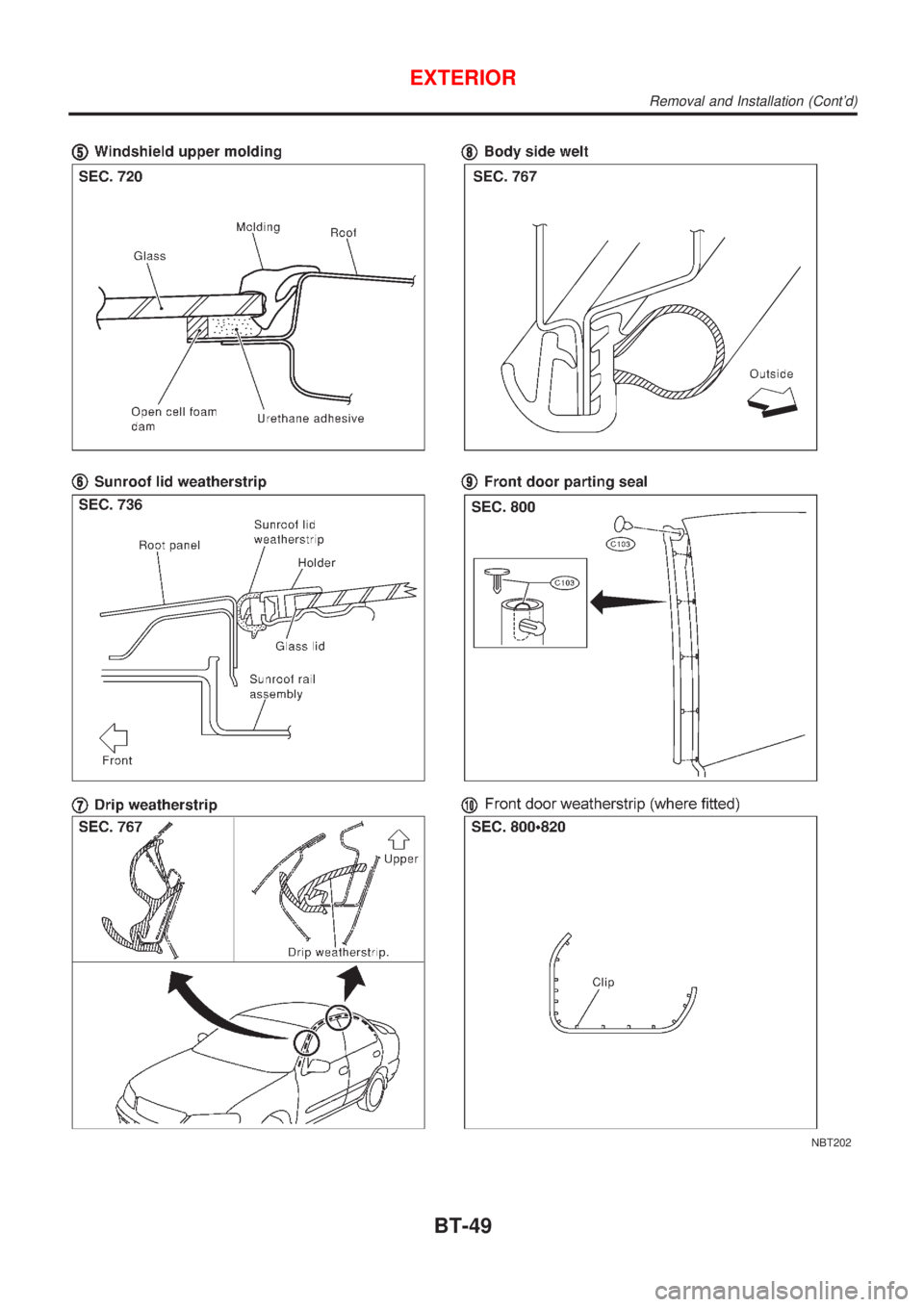 NISSAN ALMERA N16 2001  Electronic Repair Manual NBT202
EXTERIOR
Removal and Installation (Contd)
BT-49 