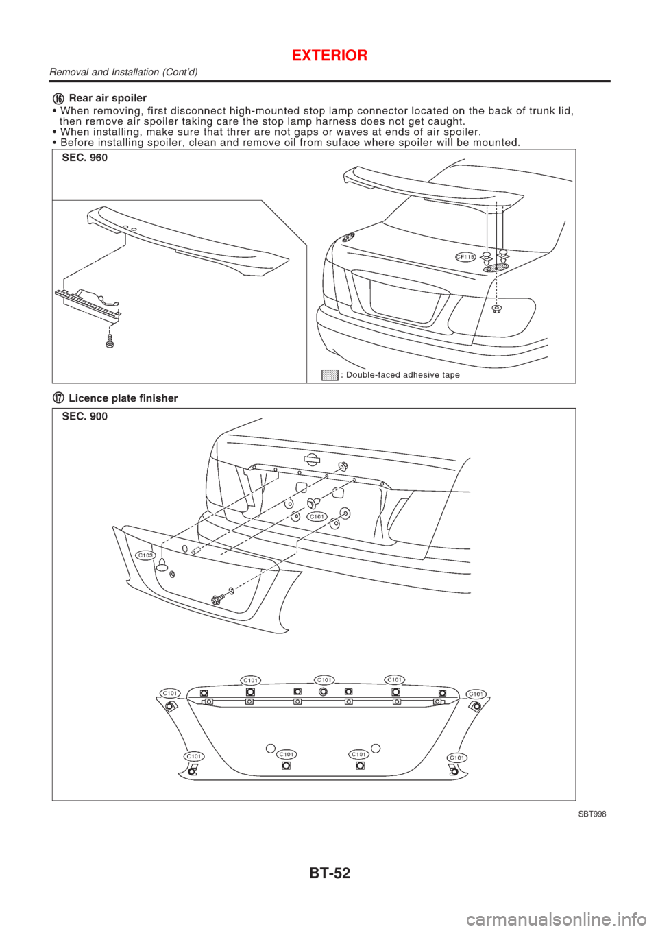 NISSAN ALMERA N16 2001  Electronic Repair Manual SBT998
EXTERIOR
Removal and Installation (Contd)
BT-52 