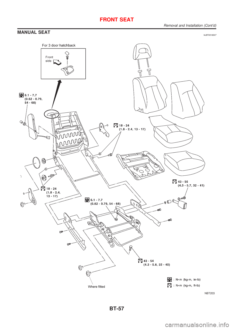 NISSAN ALMERA N16 2001  Electronic Repair Manual MANUAL SEATNJBT0018S07
NBT203
FRONT SEAT
Removal and Installation (Contd)
BT-57 