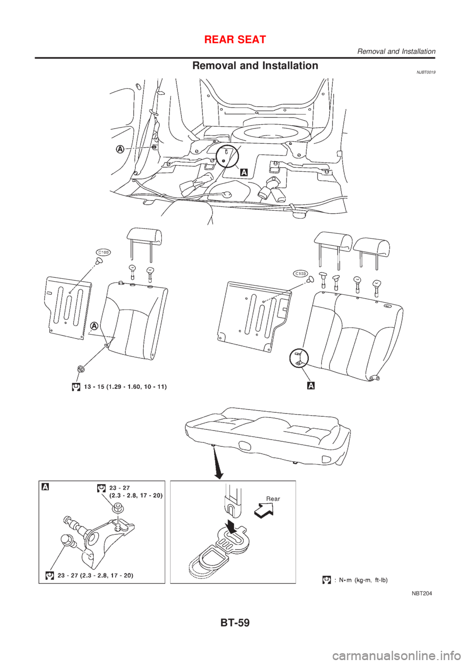 NISSAN ALMERA N16 2001  Electronic Repair Manual Removal and InstallationNJBT0019
NBT204
REAR SEAT
Removal and Installation
BT-59 