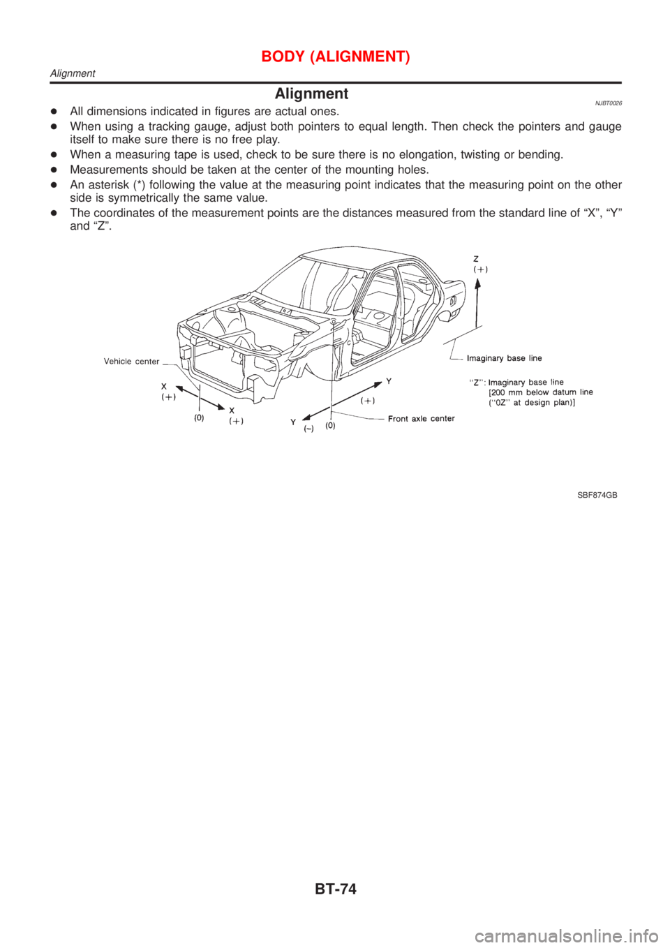 NISSAN ALMERA N16 2001  Electronic Repair Manual AlignmentNJBT0026+All dimensions indicated in figures are actual ones.
+When using a tracking gauge, adjust both pointers to equal length. Then check the pointers and gauge
itself to make sure there i