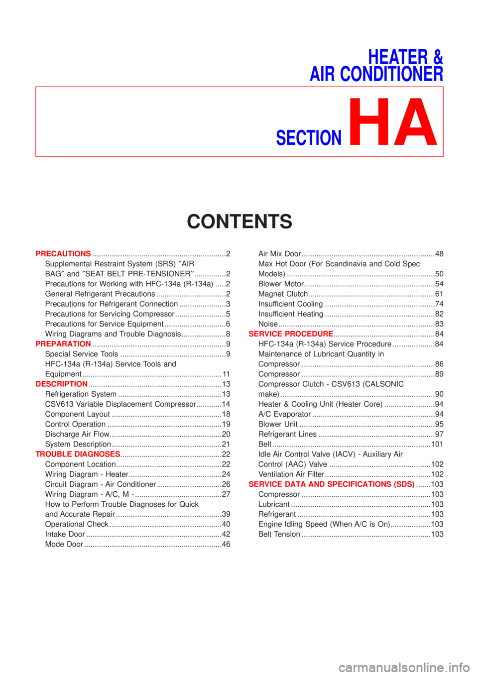 NISSAN ALMERA N16 2001 Electronic Repair Manual HEATER &
AIR CONDITIONER
SECTION
HA
CONTENTS
PRECAUTIONS...............................................................2
Supplemental Restraint System (SRS)²AIR
BAG²and²SEAT BELT PRE-TENSIONER²... NISSAN ALMERA N16 2001 Electronic Repair Manual HEATER &
AIR CONDITIONER
SECTION
HA
CONTENTS
PRECAUTIONS...............................................................2
Supplemental Restraint System (SRS)²AIR
BAG²and²SEAT BELT PRE-TENSIONER²...