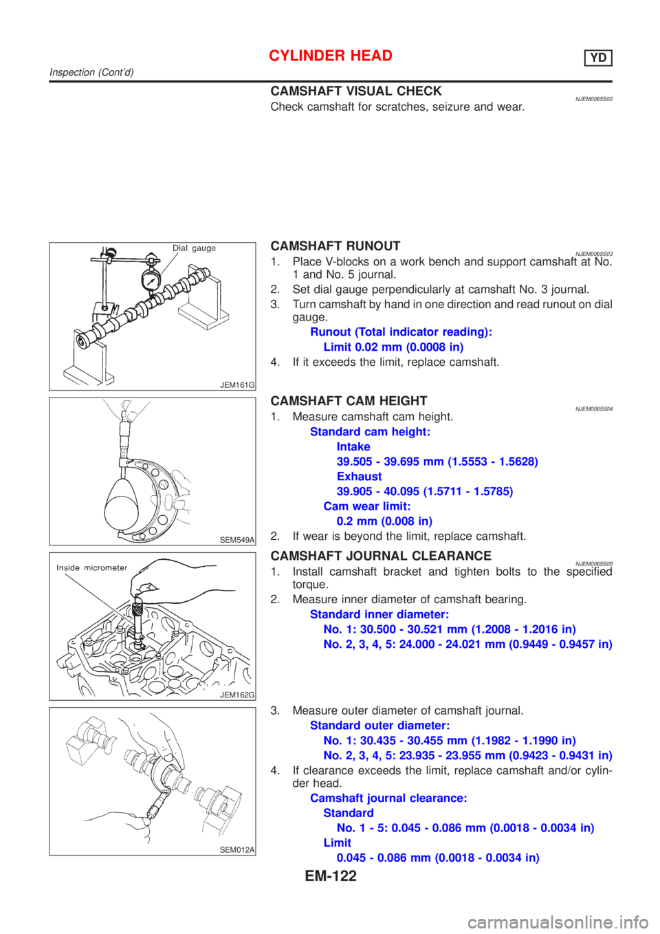 NISSAN ALMERA N16 2001 Electronic Repair Manual CAMSHAFT VISUAL CHECKNJEM0065S02Check camshaft for scratches, seizure and wear.
JEM161G
CAMSHAFT RUNOUTNJEM0065S031. Place V-blocks on a work bench and support camshaft at No.
1 and No. 5 journal.
2. NISSAN ALMERA N16 2001 Electronic Repair Manual CAMSHAFT VISUAL CHECKNJEM0065S02Check camshaft for scratches, seizure and wear.
JEM161G
CAMSHAFT RUNOUTNJEM0065S031. Place V-blocks on a work bench and support camshaft at No.
1 and No. 5 journal.
2.