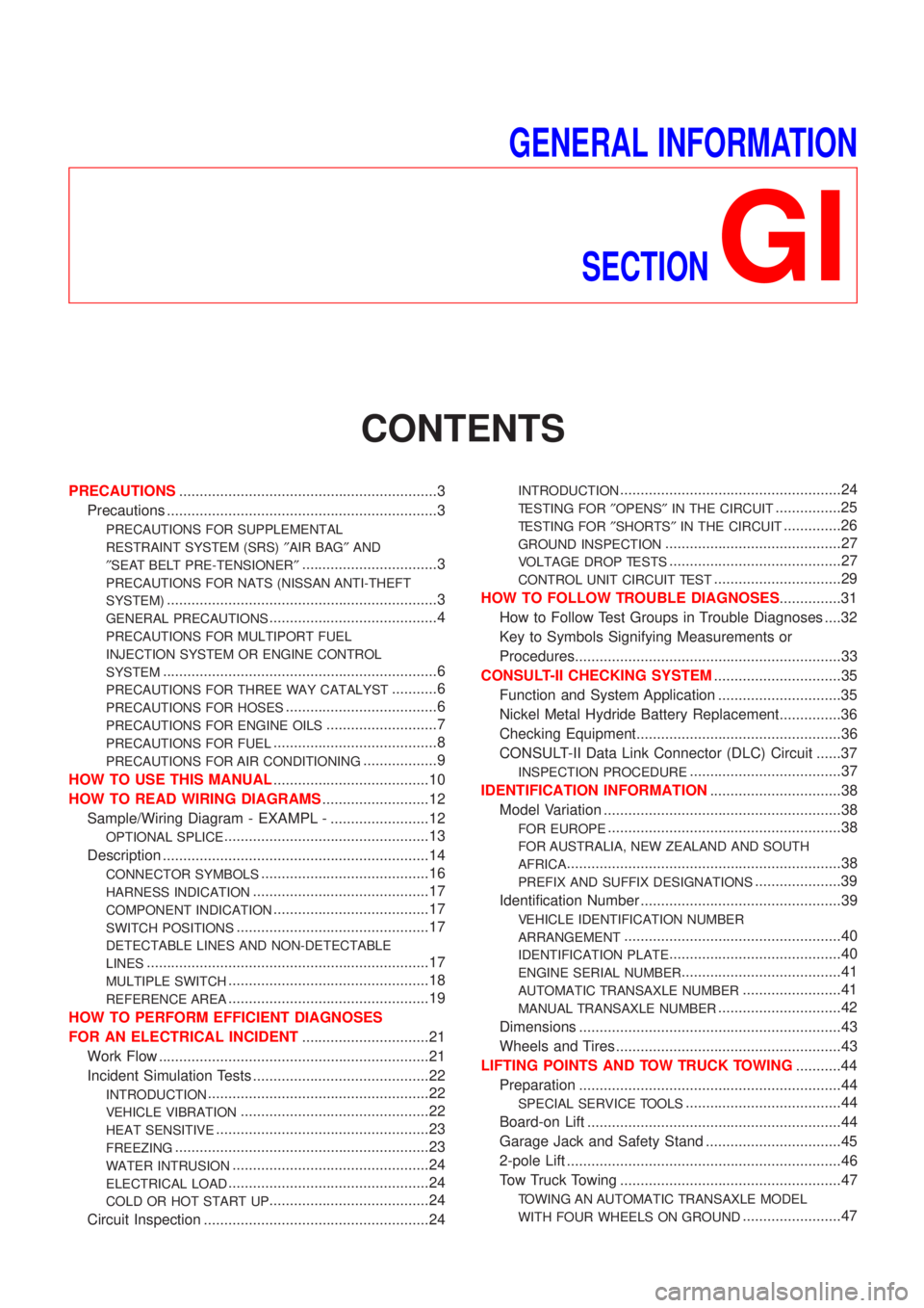 NISSAN ALMERA N16 2001  Electronic Repair Manual GENERAL INFORMATION
SECTION
GI
CONTENTS
PRECAUTIONS...............................................................3
Precautions ..................................................................3
PREC