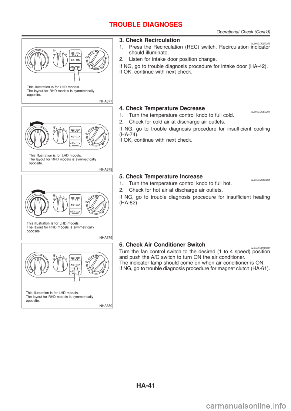 NISSAN ALMERA N16 2001 Electronic Repair Manual NHA377
3. Check RecirculationNJHA0130S02031. Press the Recirculation (REC) switch. Recirculation indicator
should illuminate.
2. Listen for intake door position change.
If NG, go to trouble diagnosis NISSAN ALMERA N16 2001 Electronic Repair Manual NHA377
3. Check RecirculationNJHA0130S02031. Press the Recirculation (REC) switch. Recirculation indicator
should illuminate.
2. Listen for intake door position change.
If NG, go to trouble diagnosis