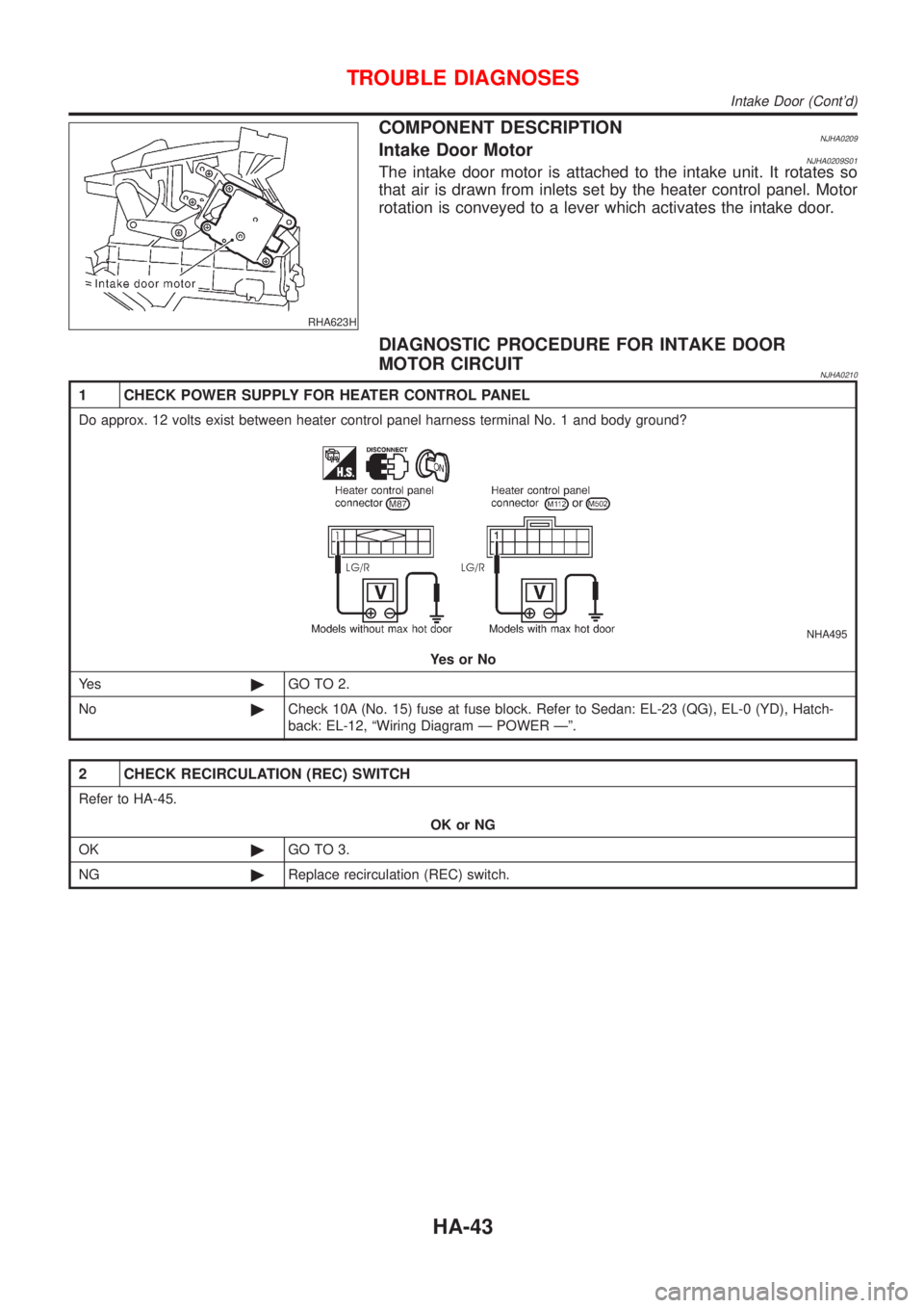 NISSAN ALMERA N16 2001  Electronic Repair Manual RHA623H
COMPONENT DESCRIPTIONNJHA0209Intake Door MotorNJHA0209S01The intake door motor is attached to the intake unit. It rotates so
that air is drawn from inlets set by the heater control panel. Moto