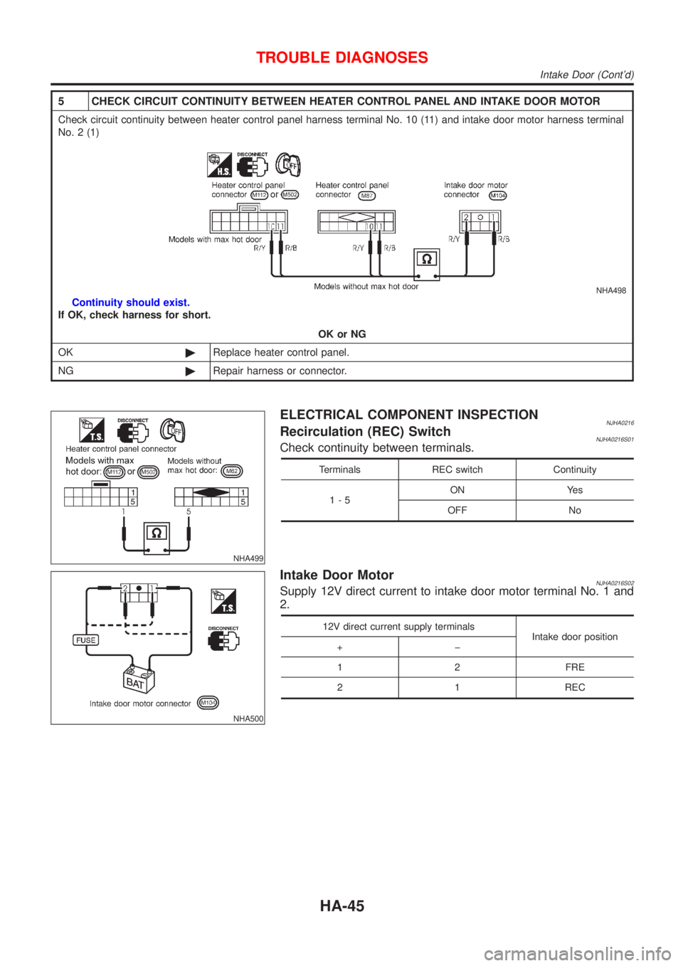 NISSAN ALMERA N16 2001  Electronic Repair Manual 5 CHECK CIRCUIT CONTINUITY BETWEEN HEATER CONTROL PANEL AND INTAKE DOOR MOTOR
Check circuit continuity between heater control panel harness terminal No. 10 (11) and intake door motor harness terminal
