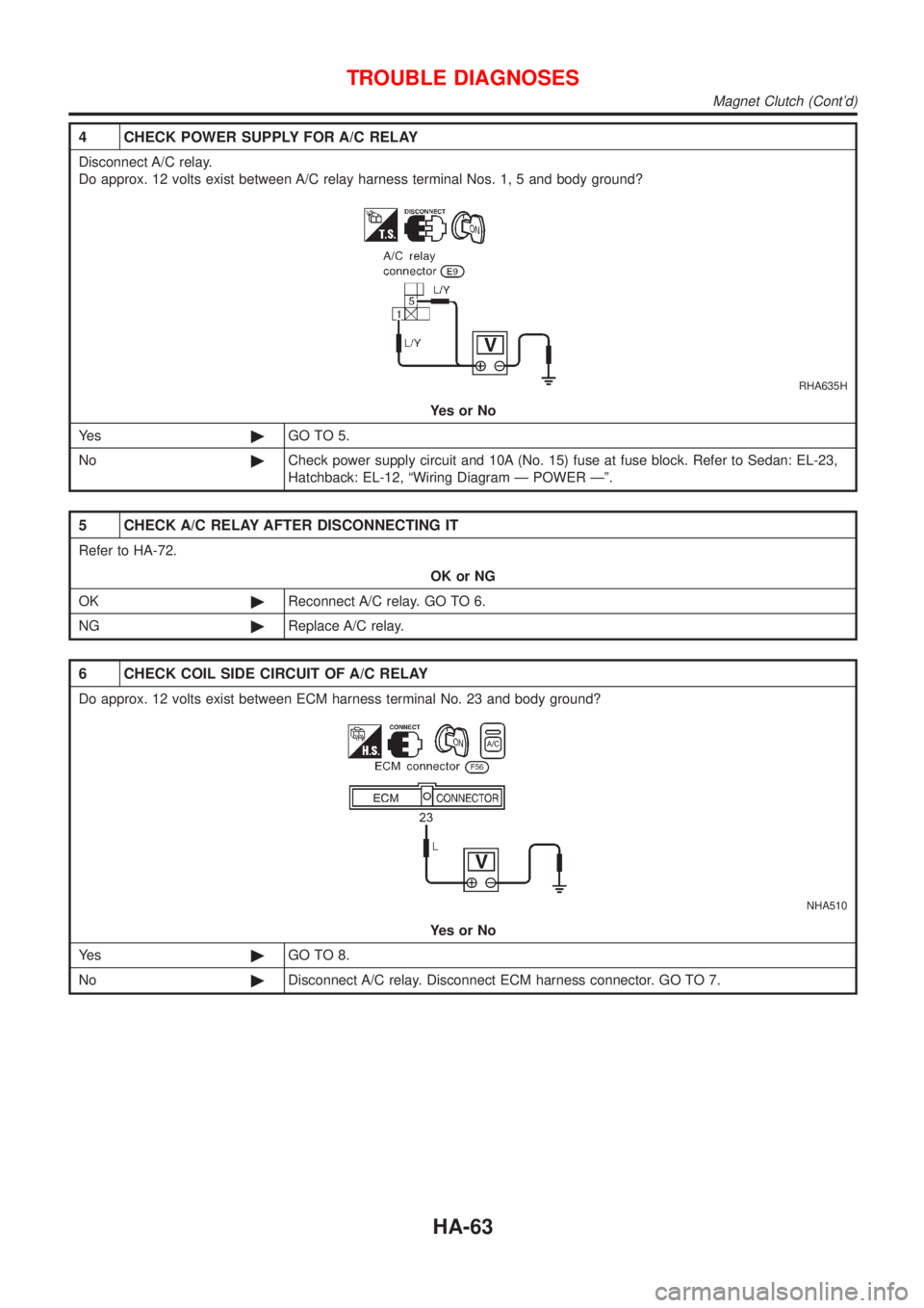 NISSAN ALMERA N16 2001  Electronic Repair Manual 4 CHECK POWER SUPPLY FOR A/C RELAY
Disconnect A/C relay.
Do approx. 12 volts exist between A/C relay harness terminal Nos. 1, 5 and body ground?
RHA635H
YesorNo
Ye s©GO TO 5.
No©Check power supply c