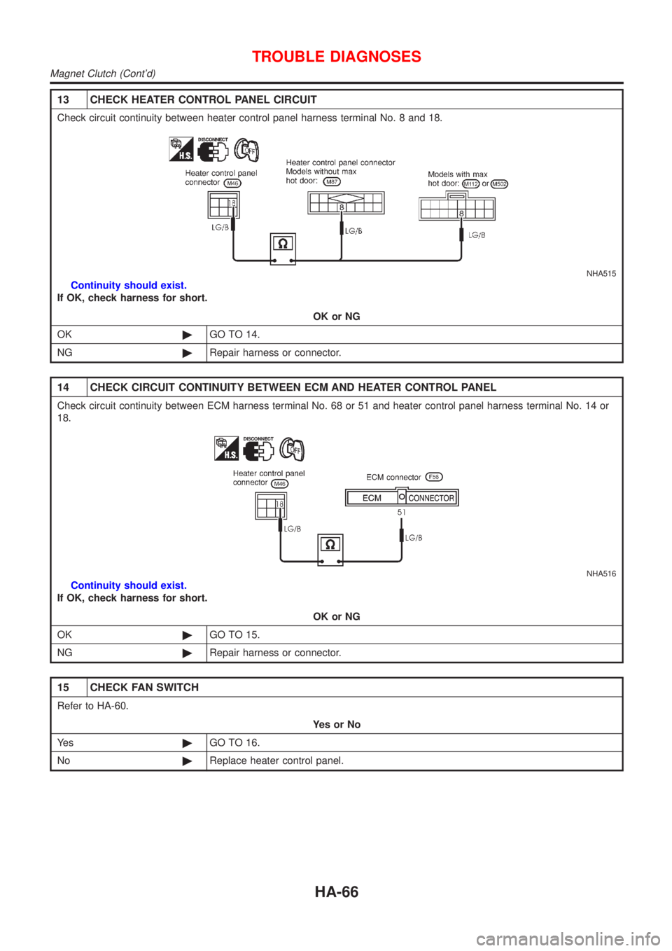 NISSAN ALMERA N16 2001  Electronic Repair Manual 13 CHECK HEATER CONTROL PANEL CIRCUIT
Check circuit continuity between heater control panel harness terminal No. 8 and 18.
NHA515
Continuity should exist.
If OK, check harness for short.
OK or NG
OK©