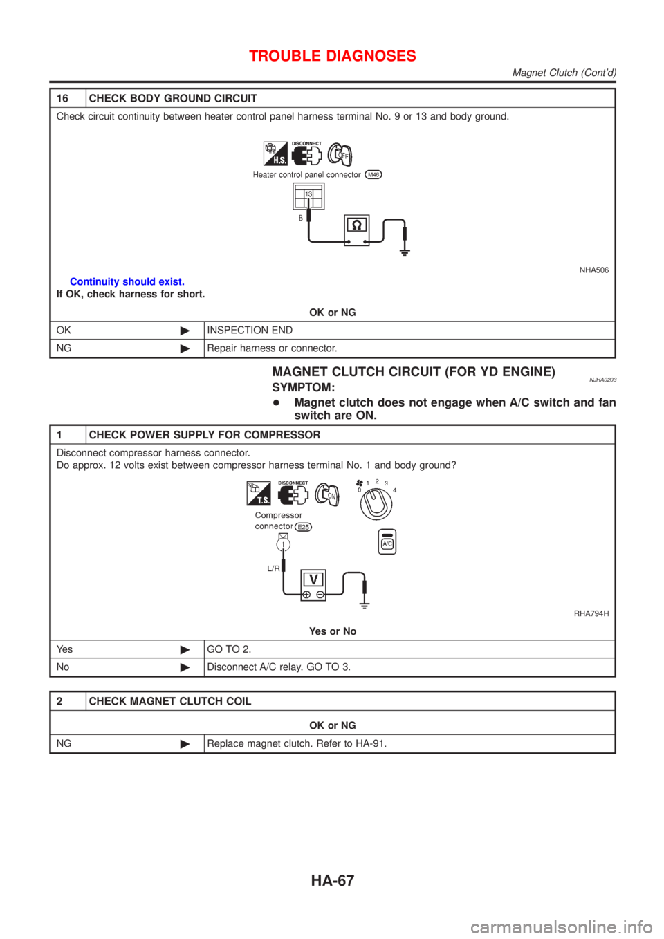 NISSAN ALMERA N16 2001  Electronic Repair Manual 16 CHECK BODY GROUND CIRCUIT
Check circuit continuity between heater control panel harness terminal No. 9 or 13 and body ground.
NHA506
Continuity should exist.
If OK, check harness for short.
OK or N