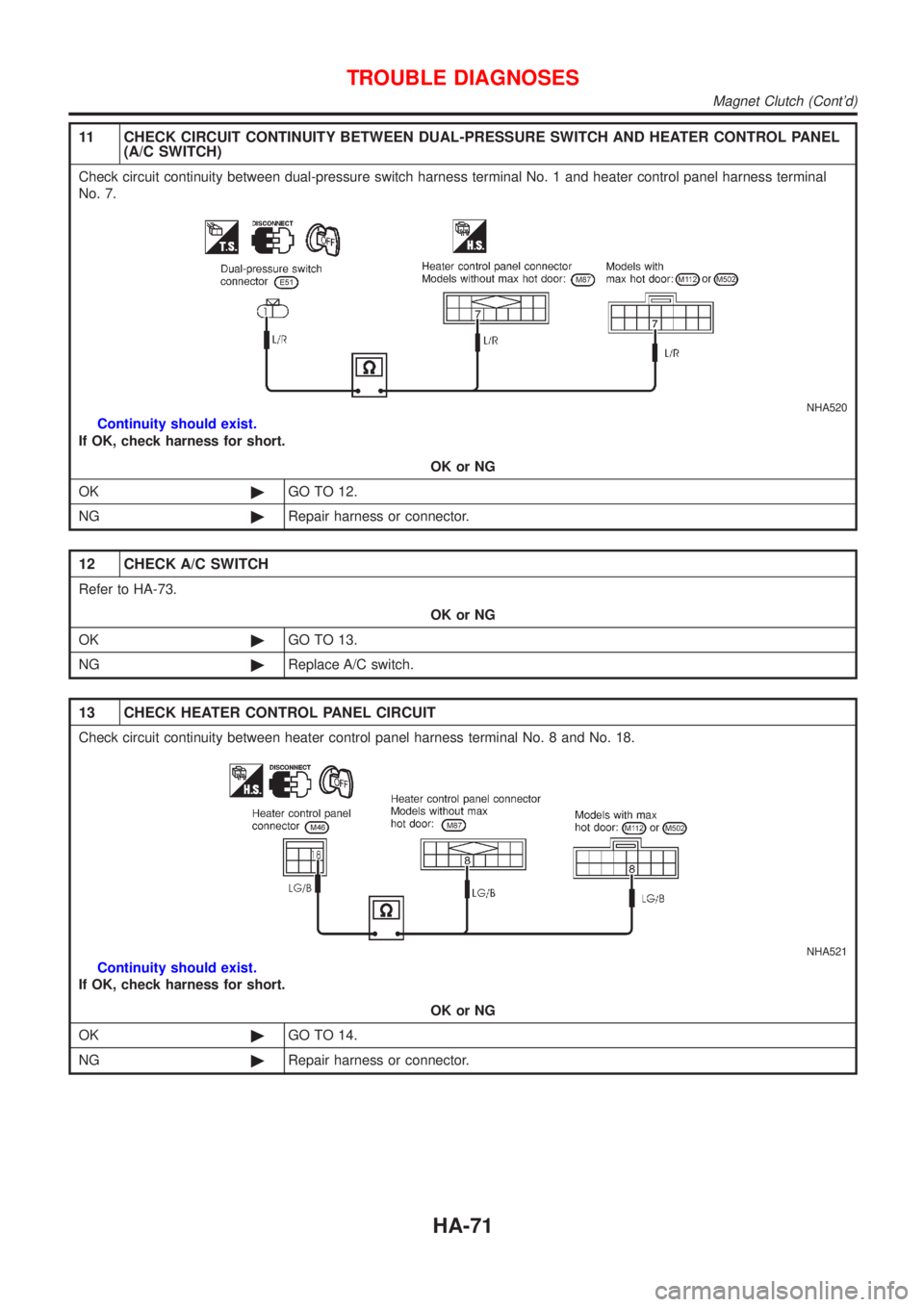 NISSAN ALMERA N16 2001  Electronic Repair Manual 11 CHECK CIRCUIT CONTINUITY BETWEEN DUAL-PRESSURE SWITCH AND HEATER CONTROL PANEL
(A/C SWITCH)
Check circuit continuity between dual-pressure switch harness terminal No. 1 and heater control panel har