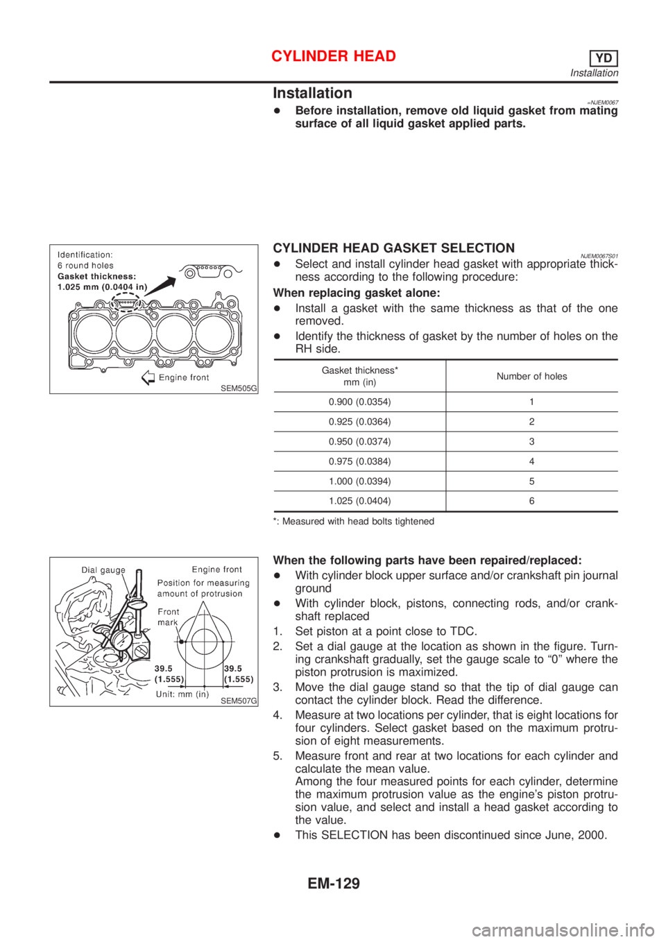 NISSAN ALMERA N16 2001  Electronic Repair Manual Installation=NJEM0067+Before installation, remove old liquid gasket from mating
surface of all liquid gasket applied parts.
SEM505G
CYLINDER HEAD GASKET SELECTIONNJEM0067S01+Select and install cylinde