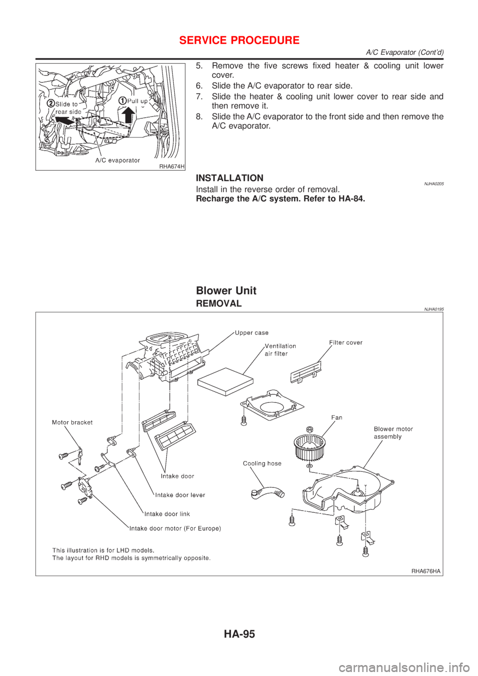 NISSAN ALMERA N16 2001  Electronic Repair Manual RHA674H
5. Remove the five screws fixed heater & cooling unit lower
cover.
6. Slide the A/C evaporator to rear side.
7. Slide the heater & cooling unit lower cover to rear side and
then remove it.
8. 
