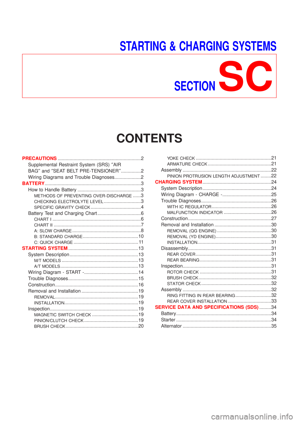 NISSAN ALMERA N16 2001 Electronic Repair Manual STARTING & CHARGING SYSTEMS
SECTION
SC
CONTENTS
PRECAUTIONS...............................................................2
Supplemental Restraint System (SRS)²AIR
BAG²and²SEAT BELT PRE-TENSIONER² NISSAN ALMERA N16 2001 Electronic Repair Manual STARTING & CHARGING SYSTEMS
SECTION
SC
CONTENTS
PRECAUTIONS...............................................................2
Supplemental Restraint System (SRS)²AIR
BAG²and²SEAT BELT PRE-TENSIONER²