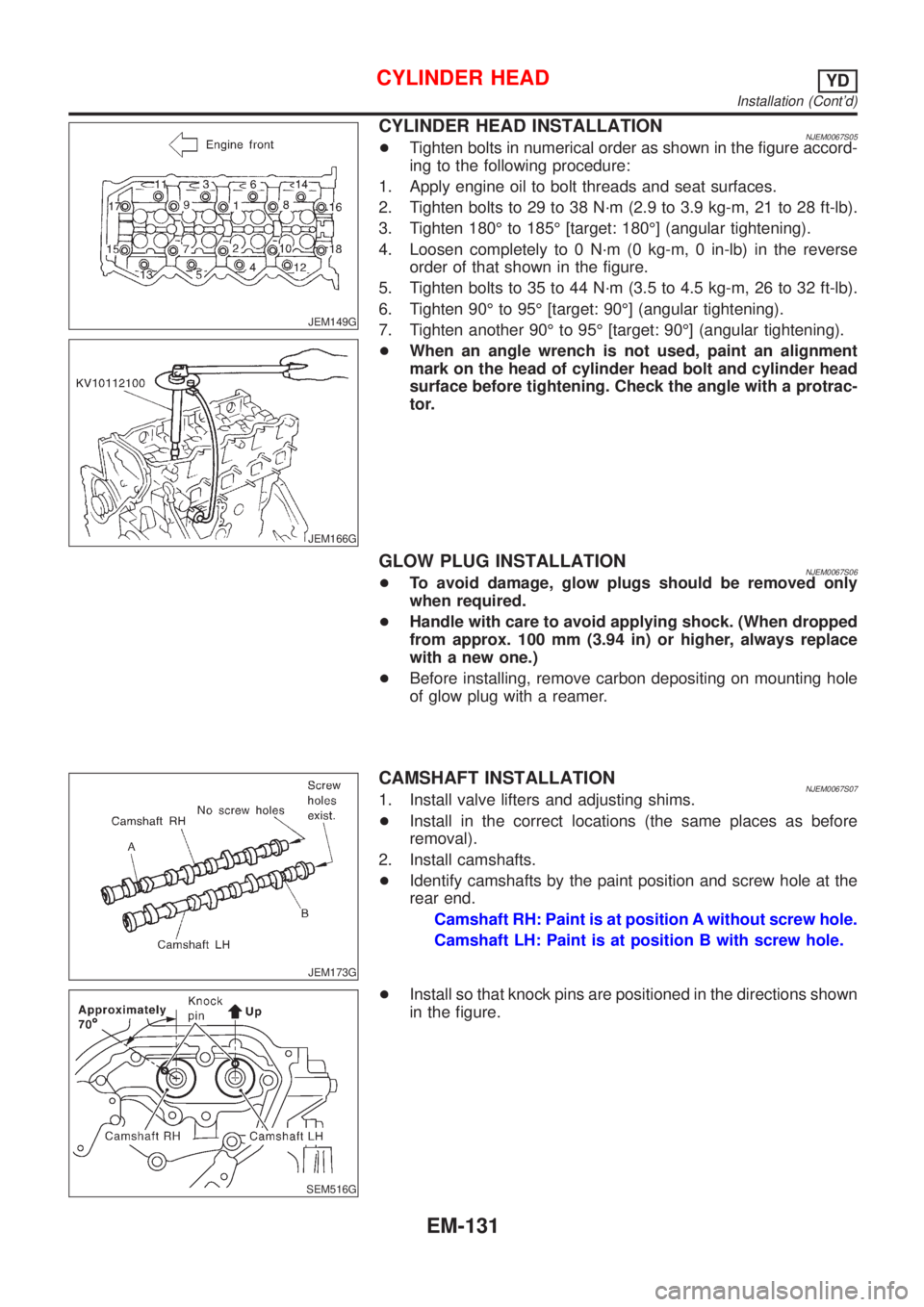NISSAN ALMERA N16 2001  Electronic Repair Manual JEM149G
JEM166G
CYLINDER HEAD INSTALLATIONNJEM0067S05+Tighten bolts in numerical order as shown in the figure accord-
ing to the following procedure:
1. Apply engine oil to bolt threads and seat surfa