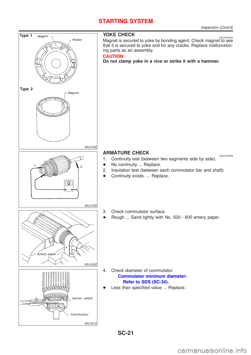 NISSAN ALMERA N16 2001  Electronic Repair Manual SEL018Z
YOKE CHECKNJSC0019S04Magnet is secured to yoke by bonding agent. Check magnet to see
that it is secured to yoke and for any cracks. Replace malfunction-
ing parts as an assembly.
CAUTION:
Do n
