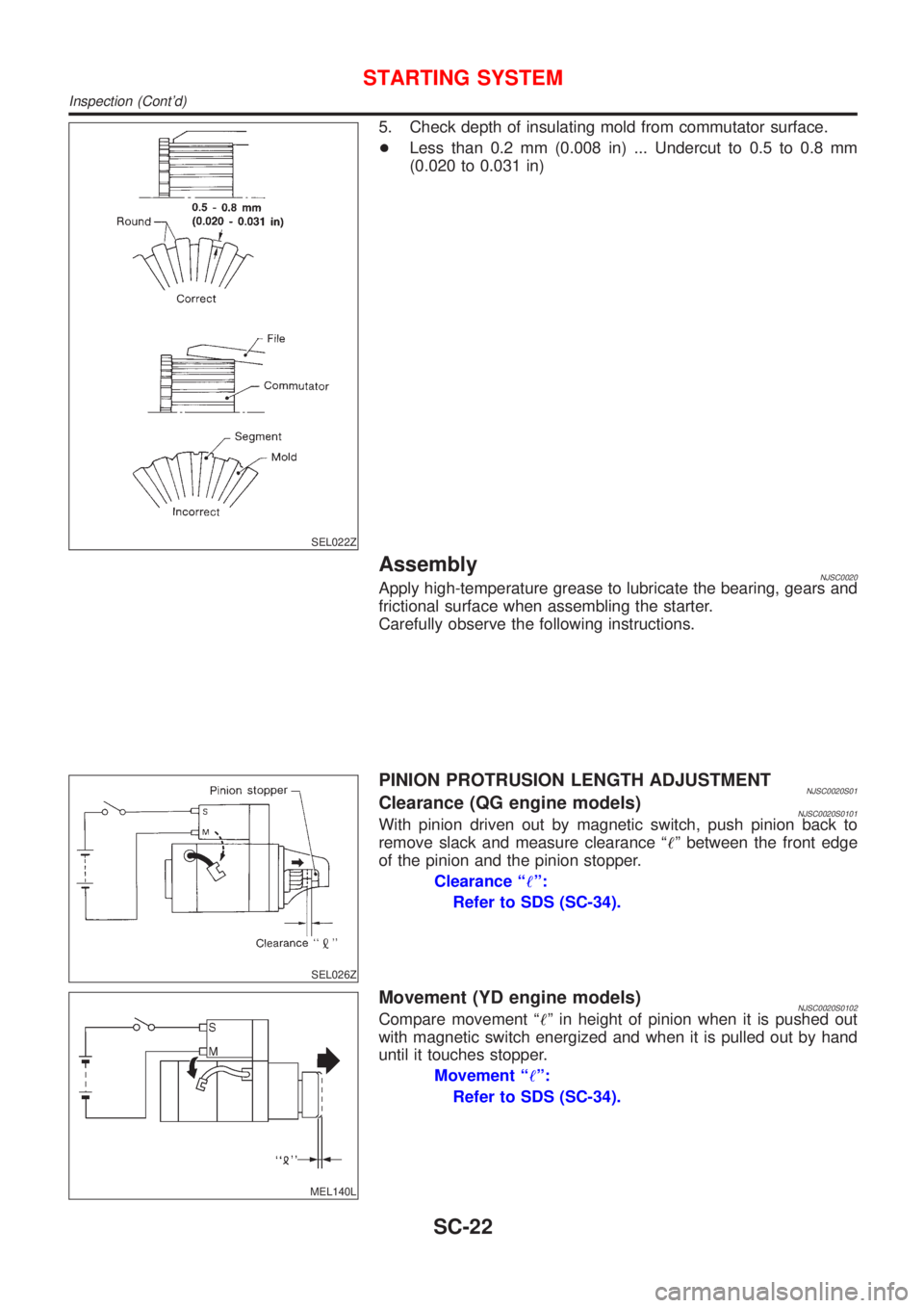 NISSAN ALMERA N16 2001  Electronic Repair Manual SEL022Z
5. Check depth of insulating mold from commutator surface.
+Less than 0.2 mm (0.008 in) ... Undercut to 0.5 to 0.8 mm
(0.020 to 0.031 in)
AssemblyNJSC0020Apply high-temperature grease to lubri