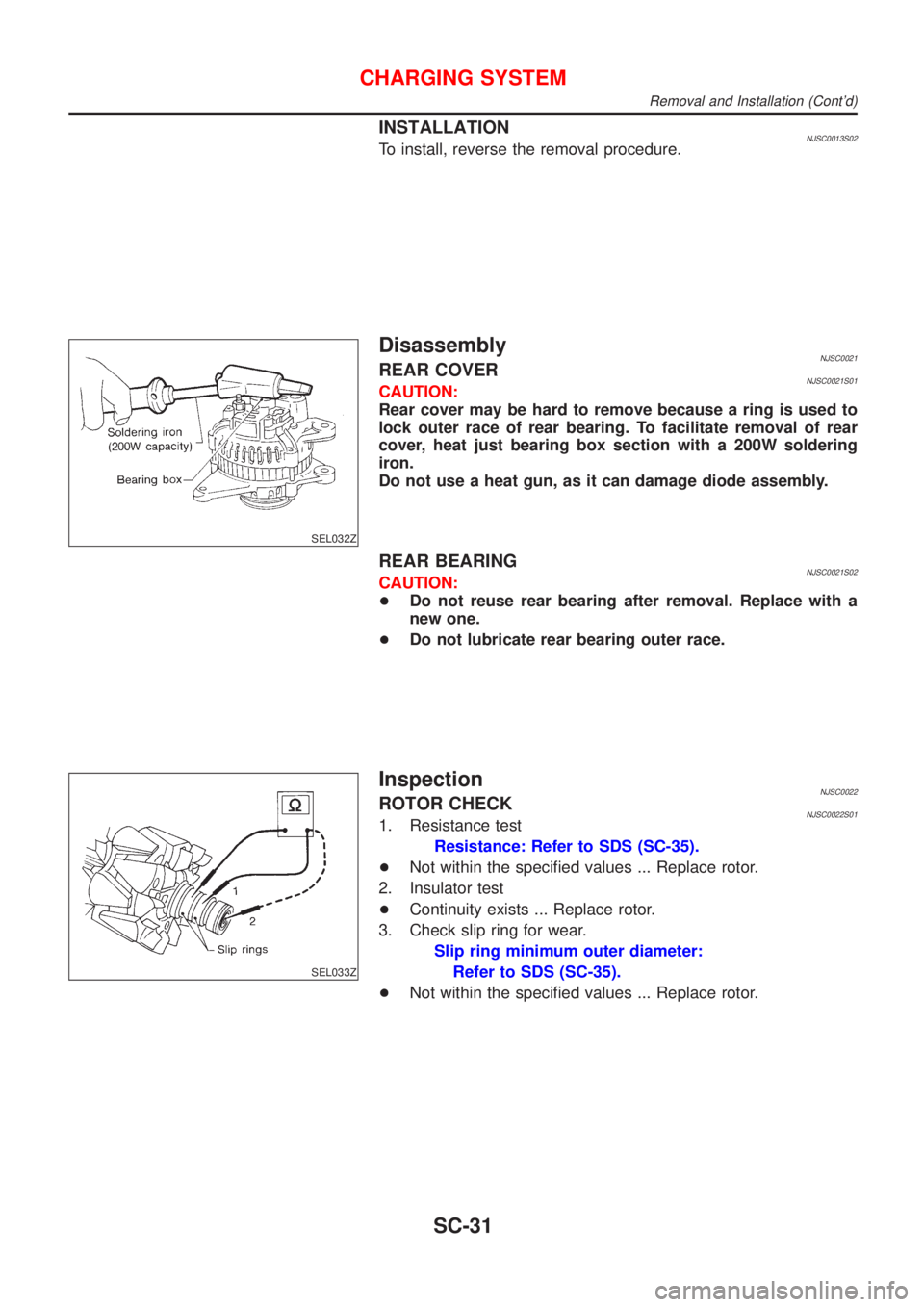 NISSAN ALMERA N16 2001  Electronic Repair Manual INSTALLATIONNJSC0013S02To install, reverse the removal procedure.
SEL032Z
DisassemblyNJSC0021REAR COVERNJSC0021S01CAUTION:
Rear cover may be hard to remove because a ring is used to
lock outer race of