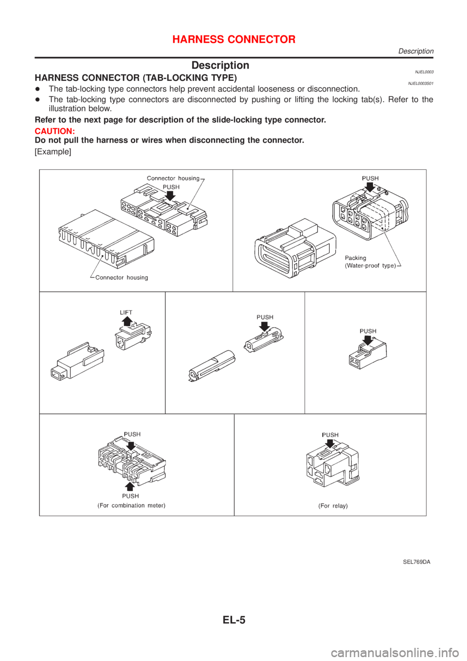 NISSAN ALMERA N16 2001 Electronic Repair Manual DescriptionNJEL0003HARNESS CONNECTOR (TAB-LOCKING TYPE)NJEL0003S01+The tab-locking type connectors help prevent accidental looseness or disconnection.
+The tab-locking type connectors are disconnected NISSAN ALMERA N16 2001 Electronic Repair Manual DescriptionNJEL0003HARNESS CONNECTOR (TAB-LOCKING TYPE)NJEL0003S01+The tab-locking type connectors help prevent accidental looseness or disconnection.
+The tab-locking type connectors are disconnected