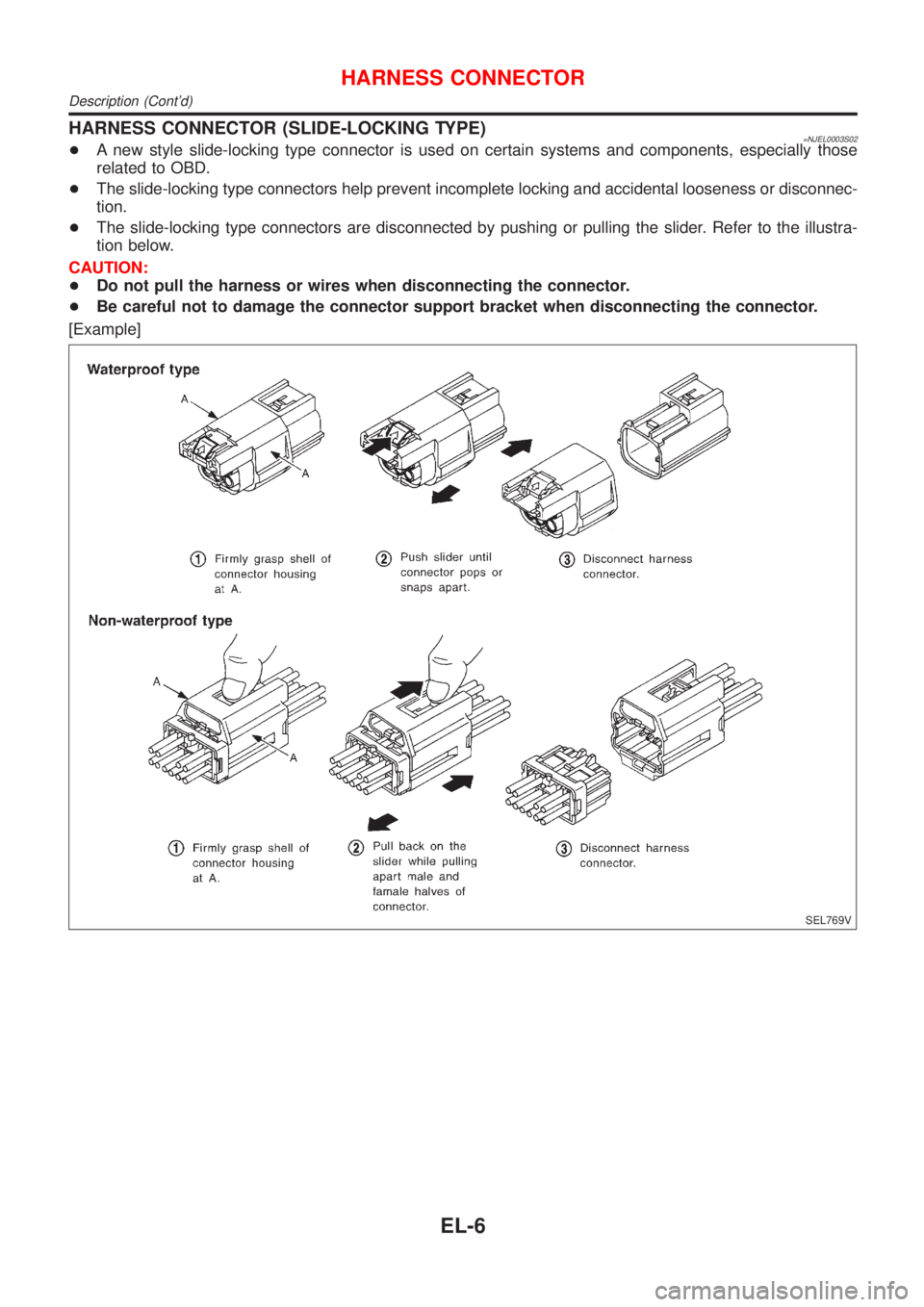 NISSAN ALMERA N16 2001 Electronic Repair Manual HARNESS CONNECTOR (SLIDE-LOCKING TYPE)=NJEL0003S02+A new style slide-locking type connector is used on certain systems and components, especially those
related to OBD.
+The slide-locking type connecto NISSAN ALMERA N16 2001 Electronic Repair Manual HARNESS CONNECTOR (SLIDE-LOCKING TYPE)=NJEL0003S02+A new style slide-locking type connector is used on certain systems and components, especially those
related to OBD.
+The slide-locking type connecto