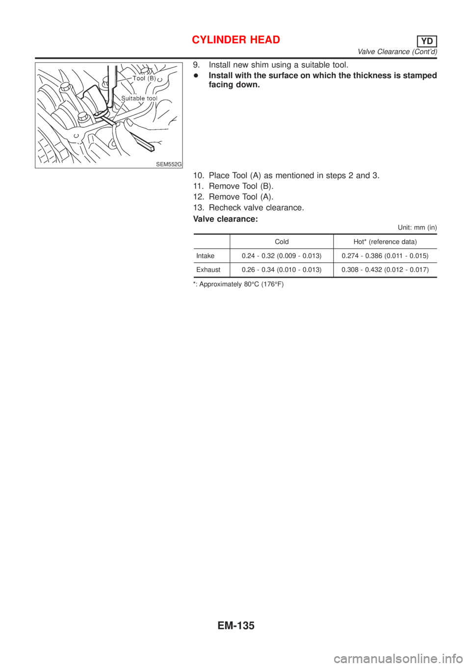 NISSAN ALMERA N16 2001 Electronic Repair Manual SEM552G
9. Install new shim using a suitable tool.
+Install with the surface on which the thickness is stamped
facing down.
10. Place Tool (A) as mentioned in steps 2 and 3.
11. Remove Tool (B).
12. R NISSAN ALMERA N16 2001 Electronic Repair Manual SEM552G
9. Install new shim using a suitable tool.
+Install with the surface on which the thickness is stamped
facing down.
10. Place Tool (A) as mentioned in steps 2 and 3.
11. Remove Tool (B).
12. R