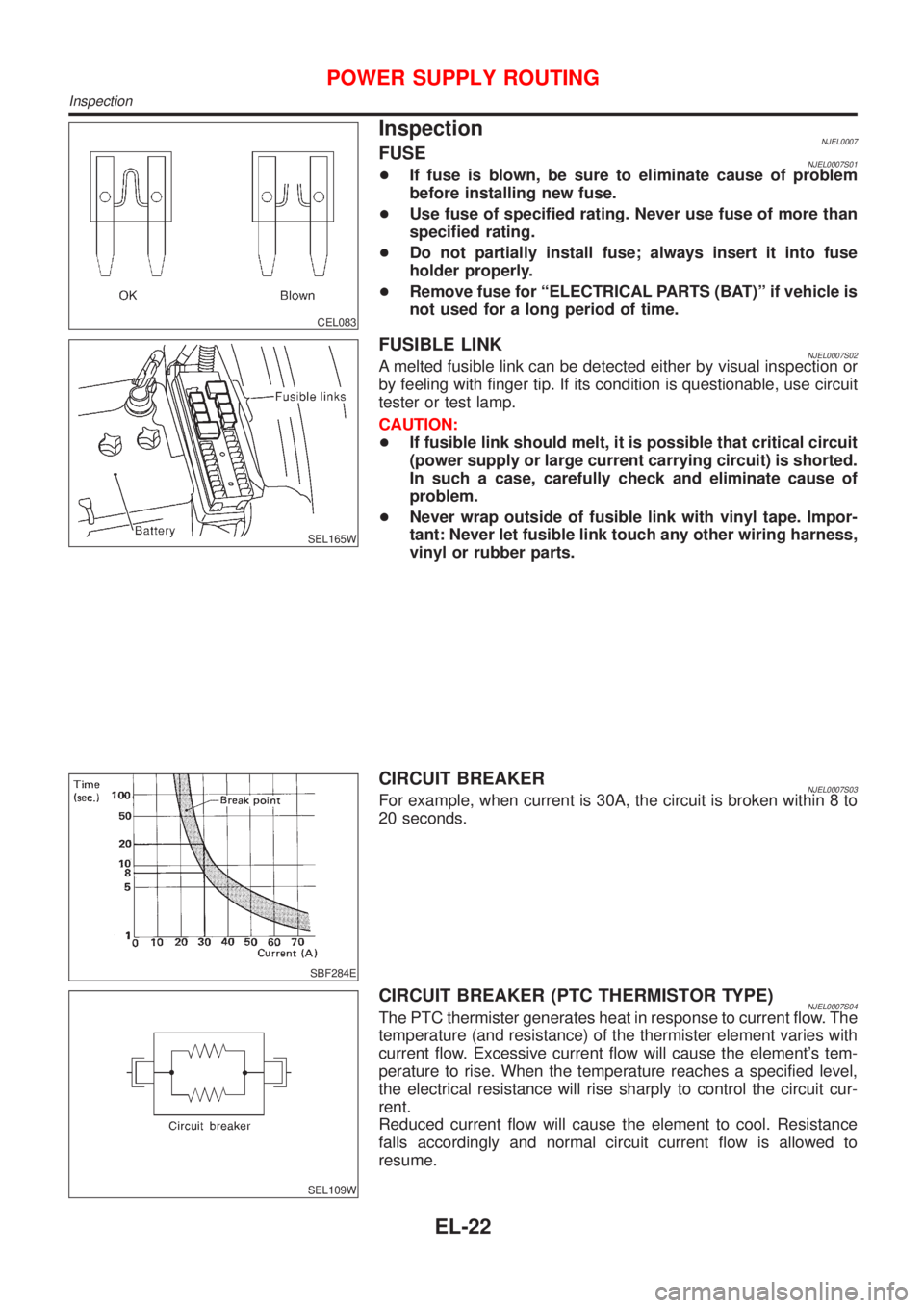 NISSAN ALMERA N16 2001 Electronic Repair Manual CEL083
InspectionNJEL0007FUSENJEL0007S01+If fuse is blown, be sure to eliminate cause of problem
before installing new fuse.
+Use fuse of specified rating. Never use fuse of more than
specified rating NISSAN ALMERA N16 2001 Electronic Repair Manual CEL083
InspectionNJEL0007FUSENJEL0007S01+If fuse is blown, be sure to eliminate cause of problem
before installing new fuse.
+Use fuse of specified rating. Never use fuse of more than
specified rating