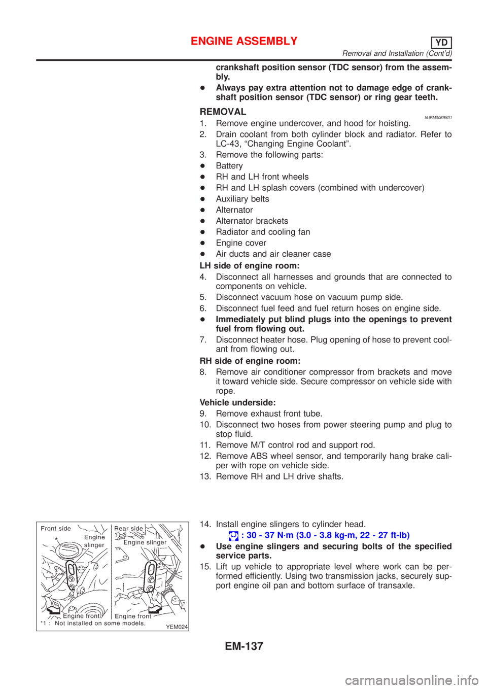 NISSAN ALMERA N16 2001  Electronic Repair Manual crankshaft position sensor (TDC sensor) from the assem-
bly.
+Always pay extra attention not to damage edge of crank-
shaft position sensor (TDC sensor) or ring gear teeth.
REMOVALNJEM0069S011. Remove