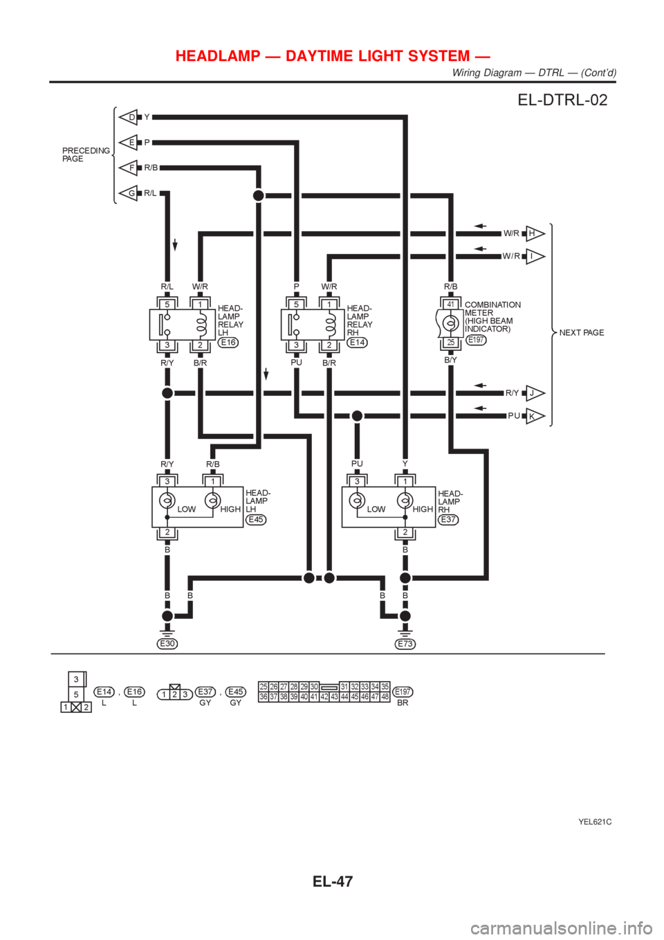 NISSAN ALMERA N16 2001  Electronic Repair Manual YEL621C
HEADLAMP Ð DAYTIME LIGHT SYSTEM Ð
Wiring Diagram Ð DTRL Ð (Contd)
EL-47 