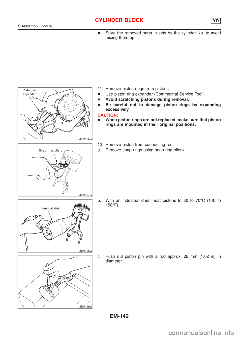 NISSAN ALMERA N16 2001 Electronic Repair Manual +Store the removed parts in sets by the cylinder No. to avoid
mixing them up.
JEM196G
11. Remove piston rings from pistons.
+Use piston ring expander (Commercial Service Tool).
+Avoid scratching pisto NISSAN ALMERA N16 2001 Electronic Repair Manual +Store the removed parts in sets by the cylinder No. to avoid
mixing them up.
JEM196G
11. Remove piston rings from pistons.
+Use piston ring expander (Commercial Service Tool).
+Avoid scratching pisto