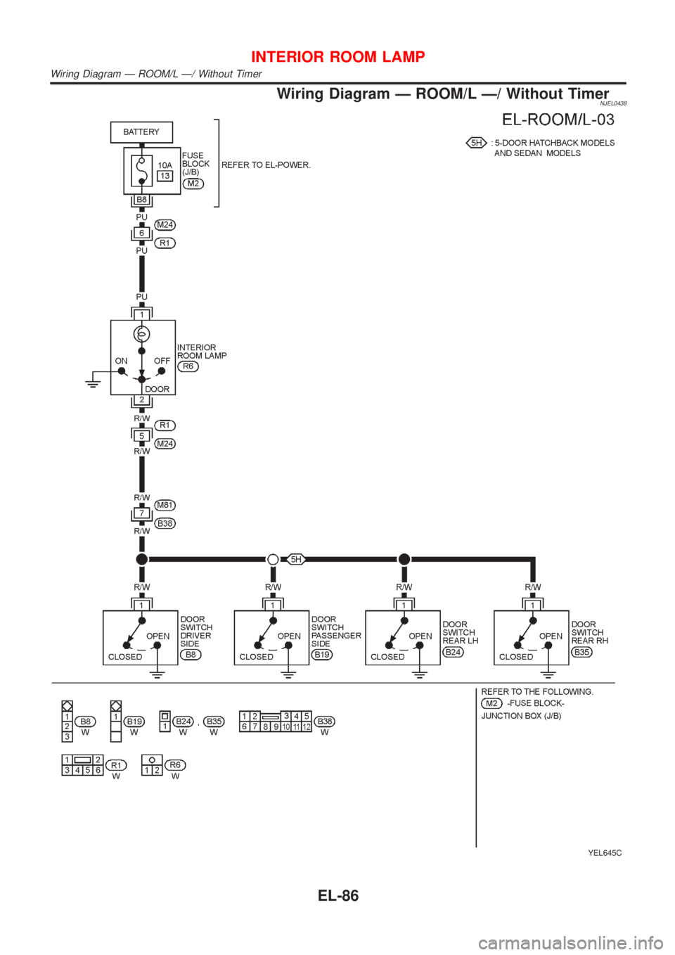 NISSAN ALMERA N16 2001  Electronic Repair Manual Wiring Diagram Ð ROOM/L Ð/ Without TimerNJEL0438
YEL645C
INTERIOR ROOM LAMP
Wiring Diagram Ð ROOM/L Ð/ Without Timer
EL-86 